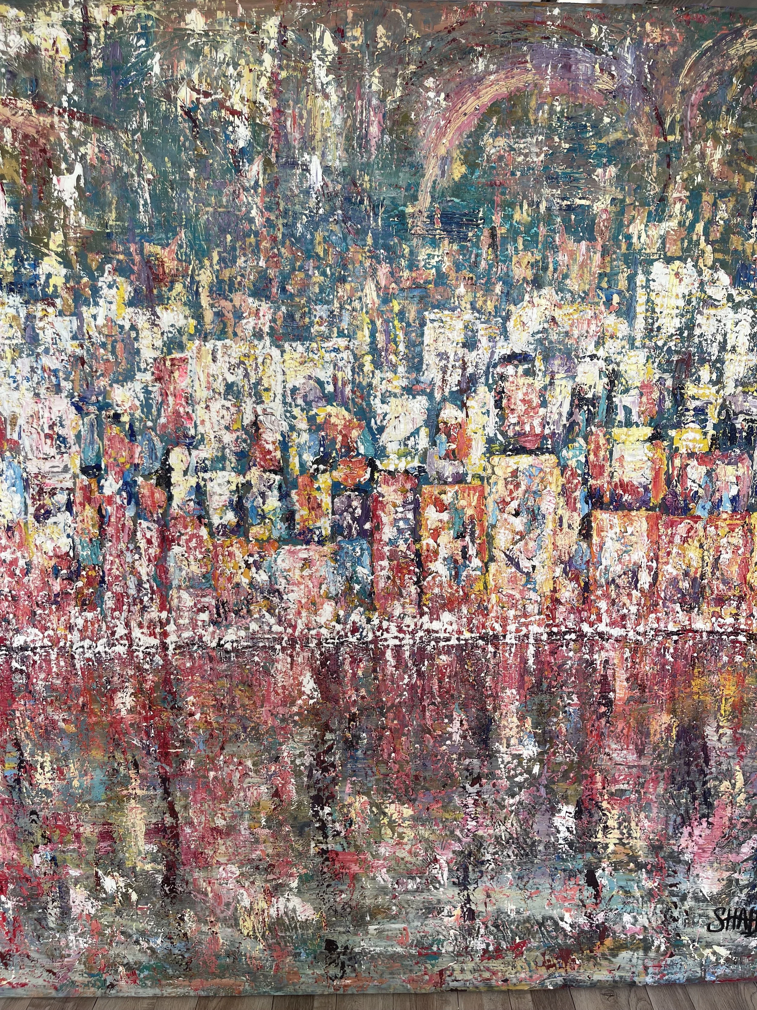 An abstract impressionist painting of a city skyline reflected in water, with colorful buildings at the bottom and rainbow and cityscape elements at the top, created with thick, textured brushstrokes.