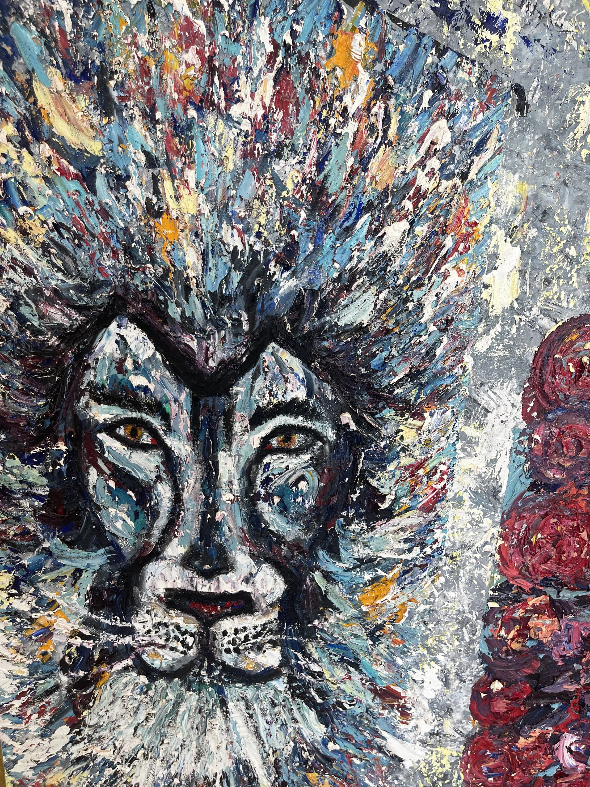 Abstract painting of a lion's face in bold, textured brushstrokes with a colorful mane and vivid colors.