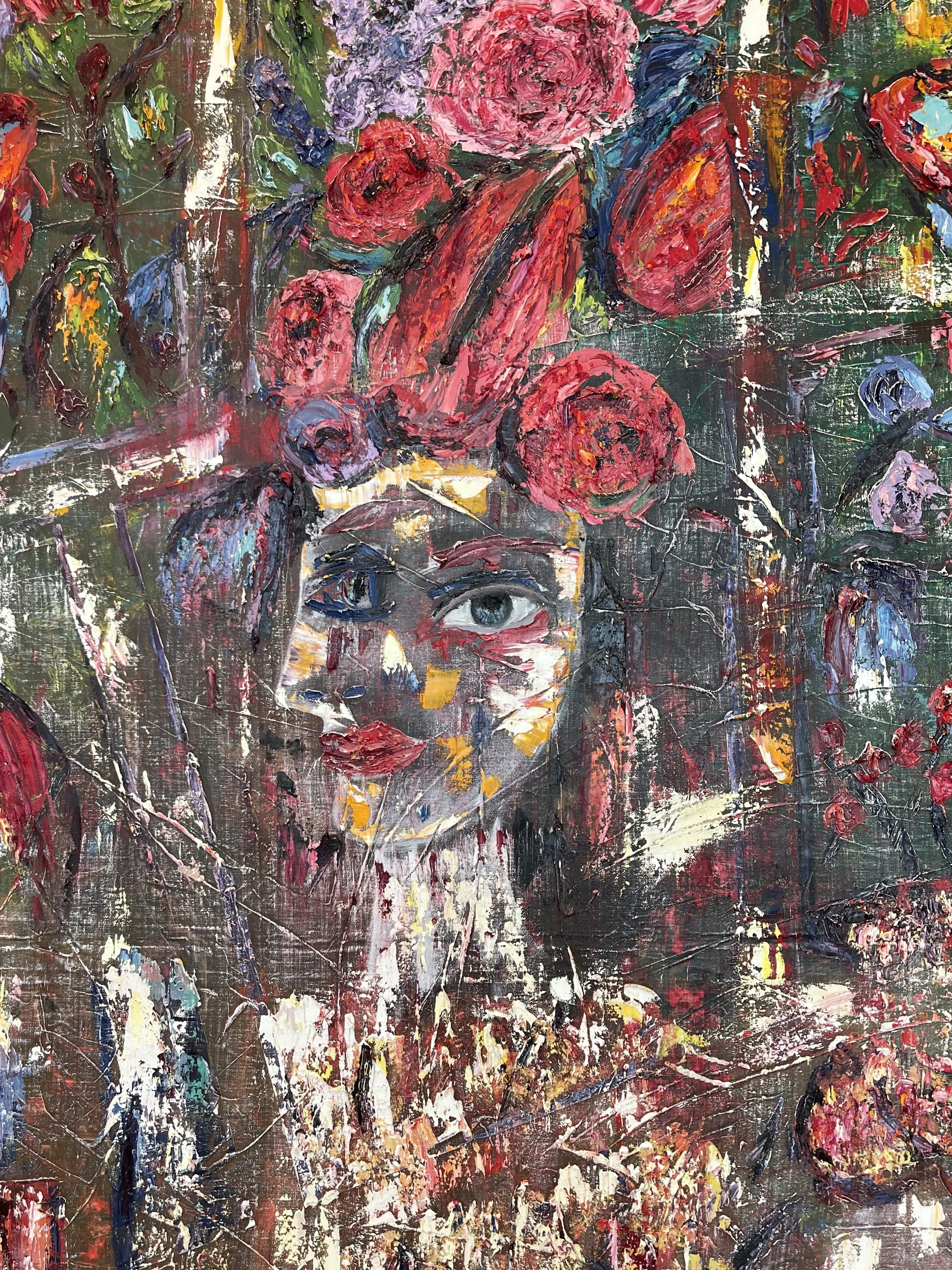 Abstract painting of a woman's face with large blue eyes, surrounded by colorful flowers in a textured, expressive style.