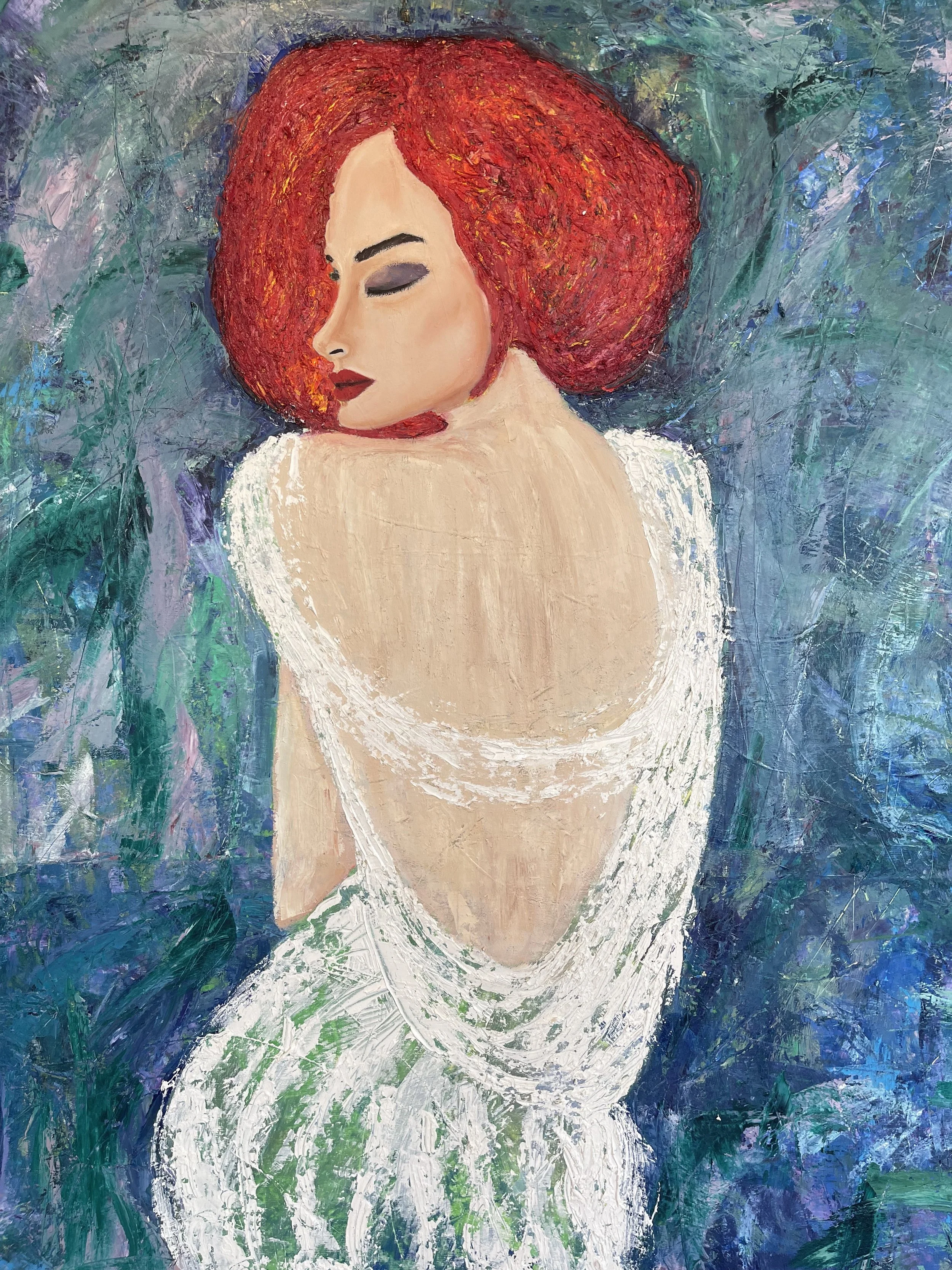 Painting of a woman with red hair, closed eyes, and wearing a white dress, set against a textured, multicolored background.