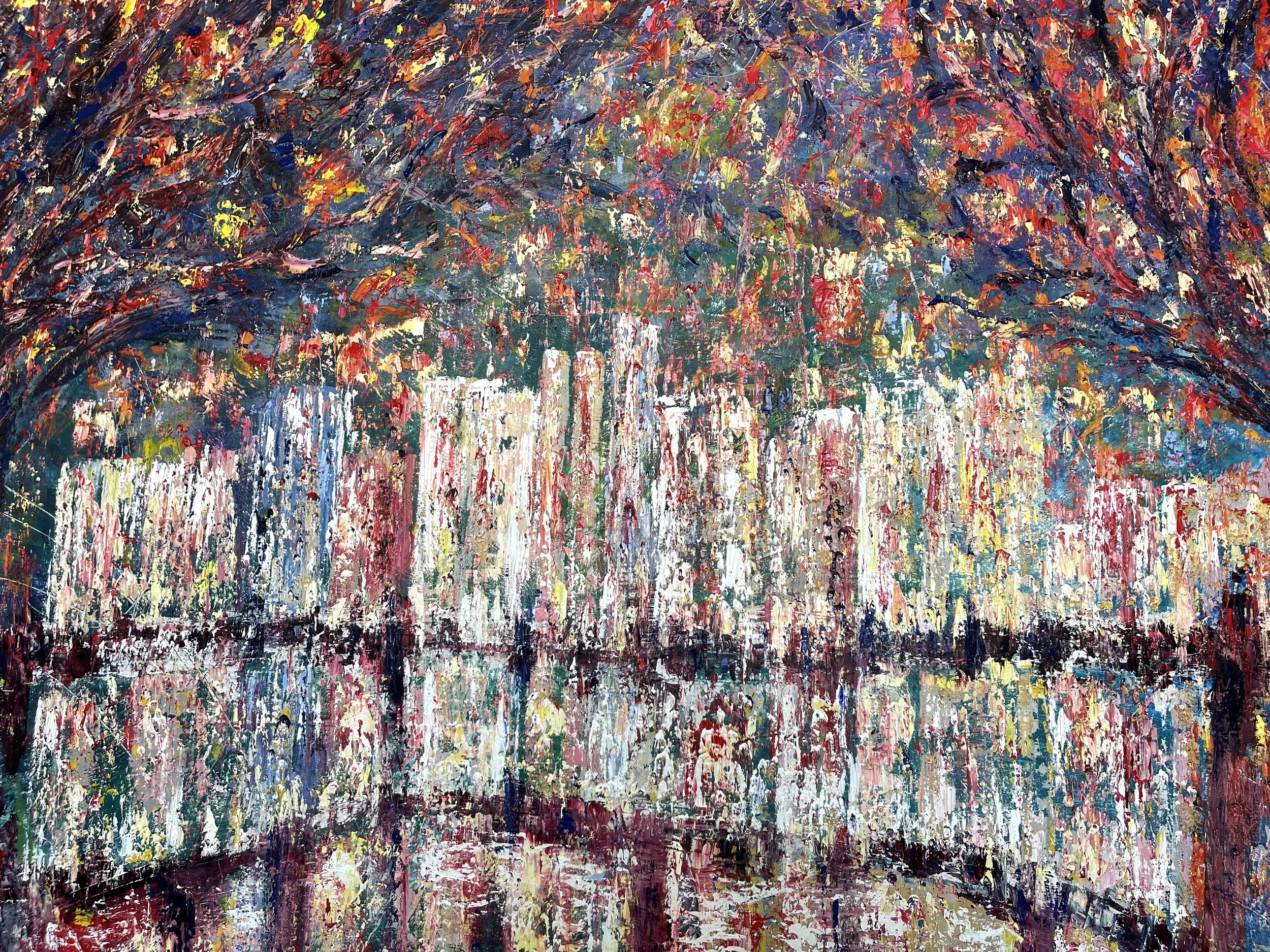 An abstract impressionist painting of a colorful autumn scene with trees and reflections in water.