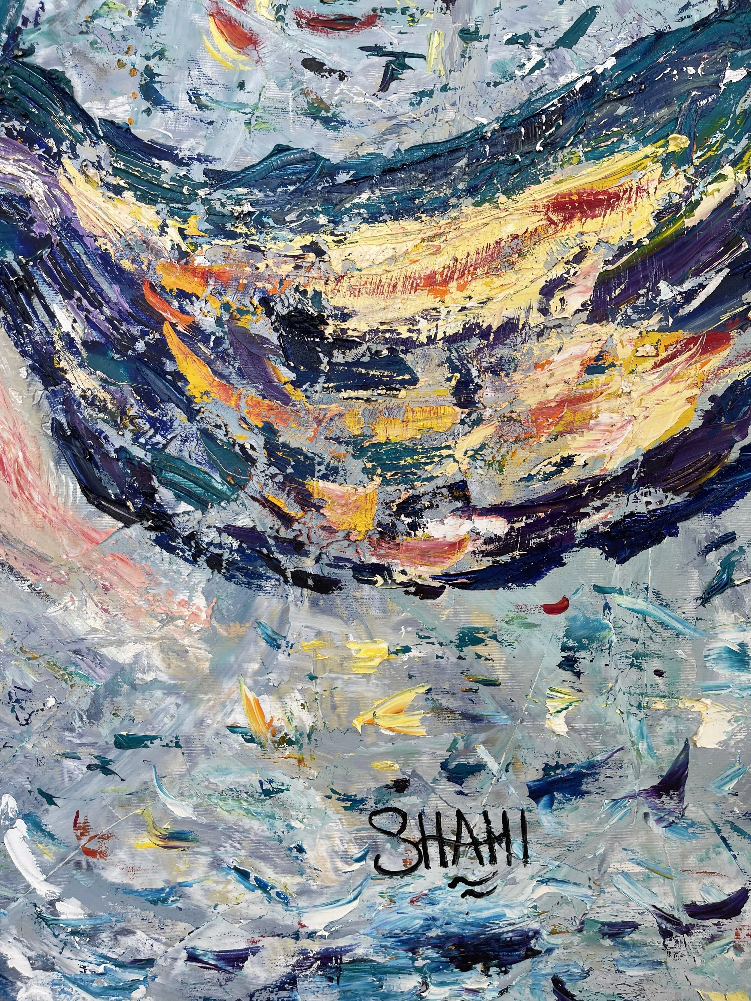 Abstract impressionist painting with vibrant brushstrokes in shades of blue, yellow, white, purple, and hints of red. The artist's signature, QHAMI, is at the bottom center.