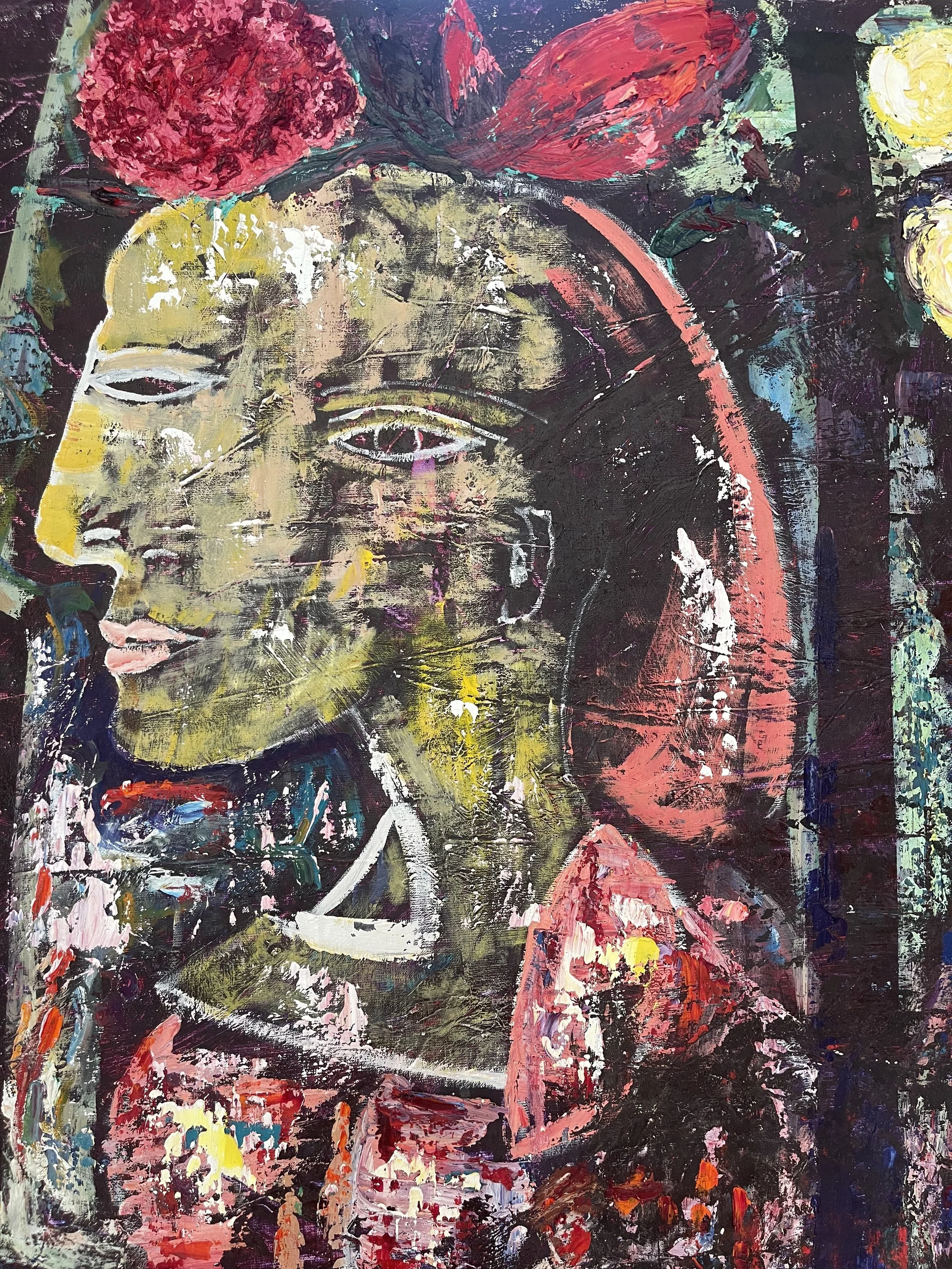 An abstract painting of a woman's face with multiple overlapping features, using vibrant colors like pink, yellow, black, and green, with textured brushstrokes.