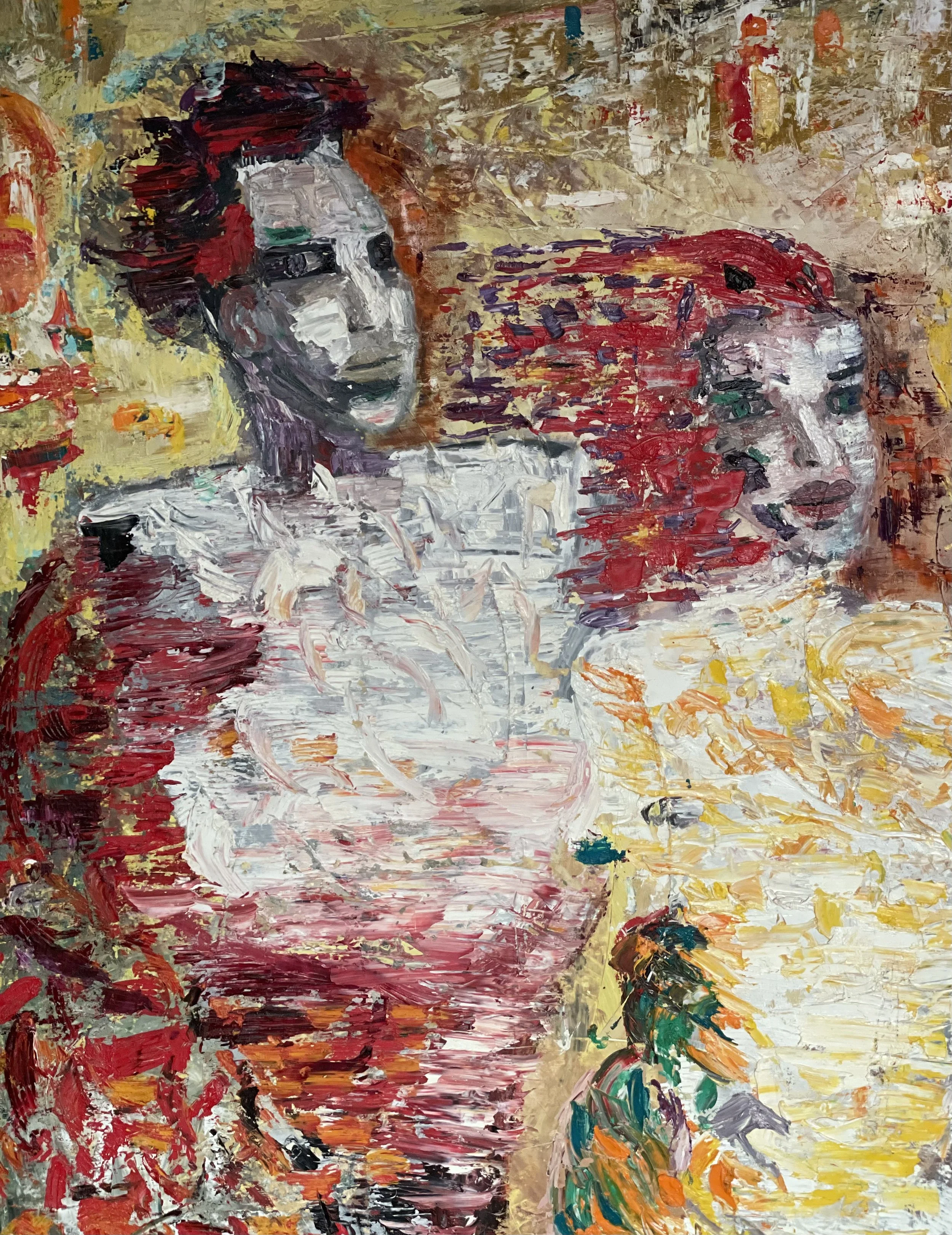 Abstract impressionist painting of two female figures with bold, textured brush strokes in red, white, yellow, and dark tones.
