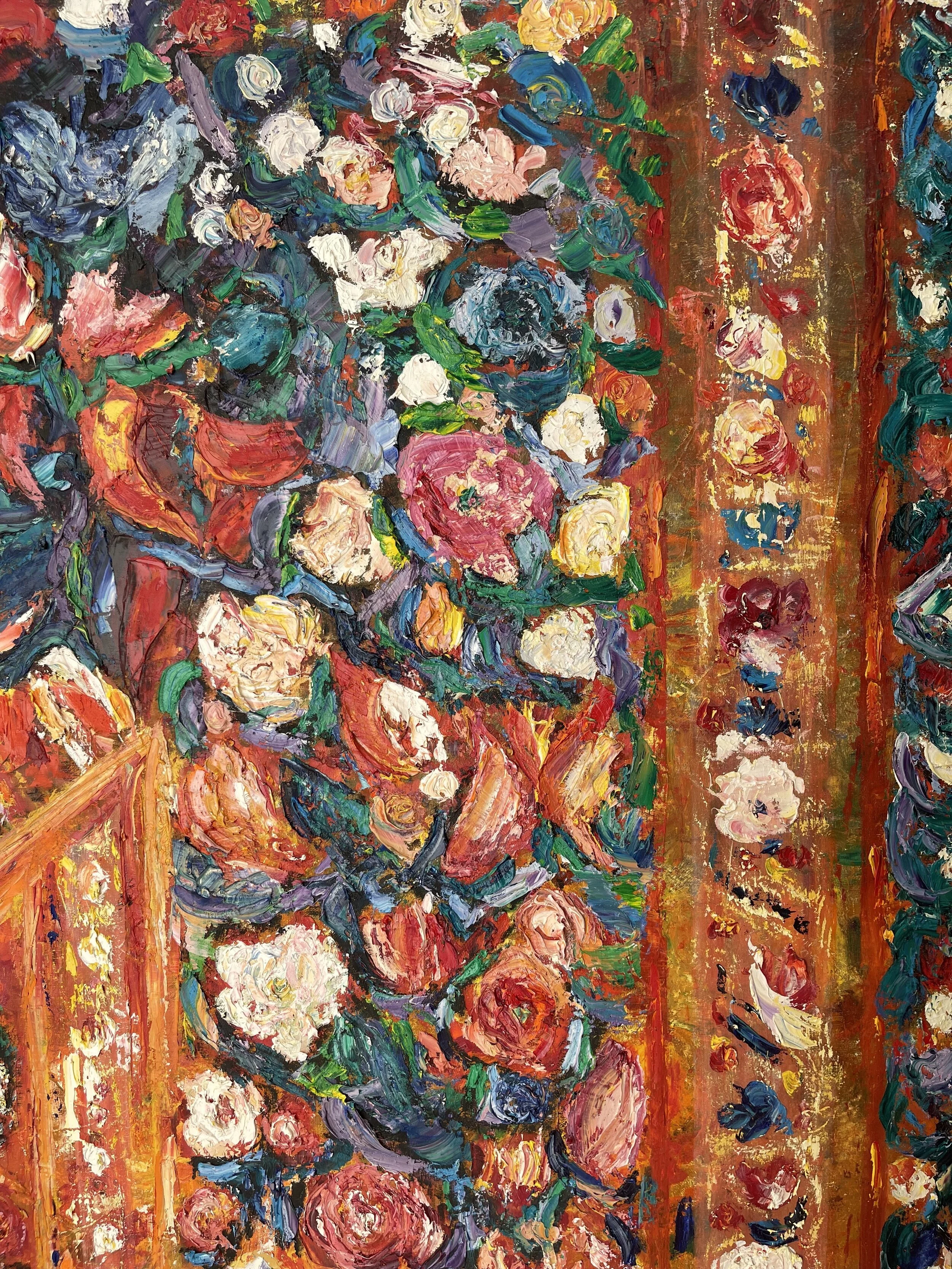 An oil painting with thick, expressive brushstrokes depicting colorful flowers, primarily roses, in a bouquet, with warm tones of red, orange, pink, and white, accented by green and blue leaves, arranged on a decorative, ornate backdrop.