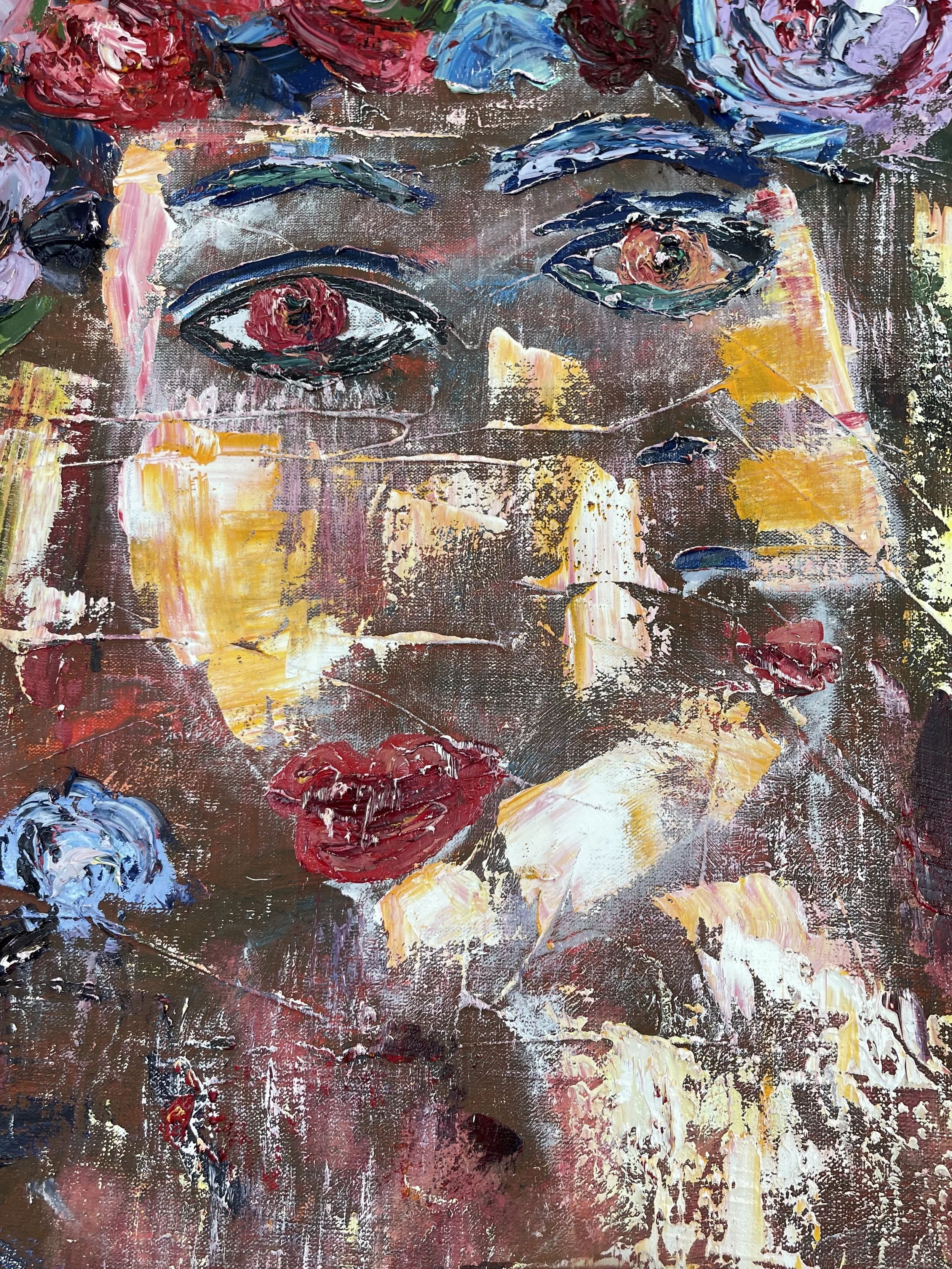 Abstract painting of a woman with expressive eyes and lips, using thick brushstrokes and vibrant colors like reds, blues, and yellows.