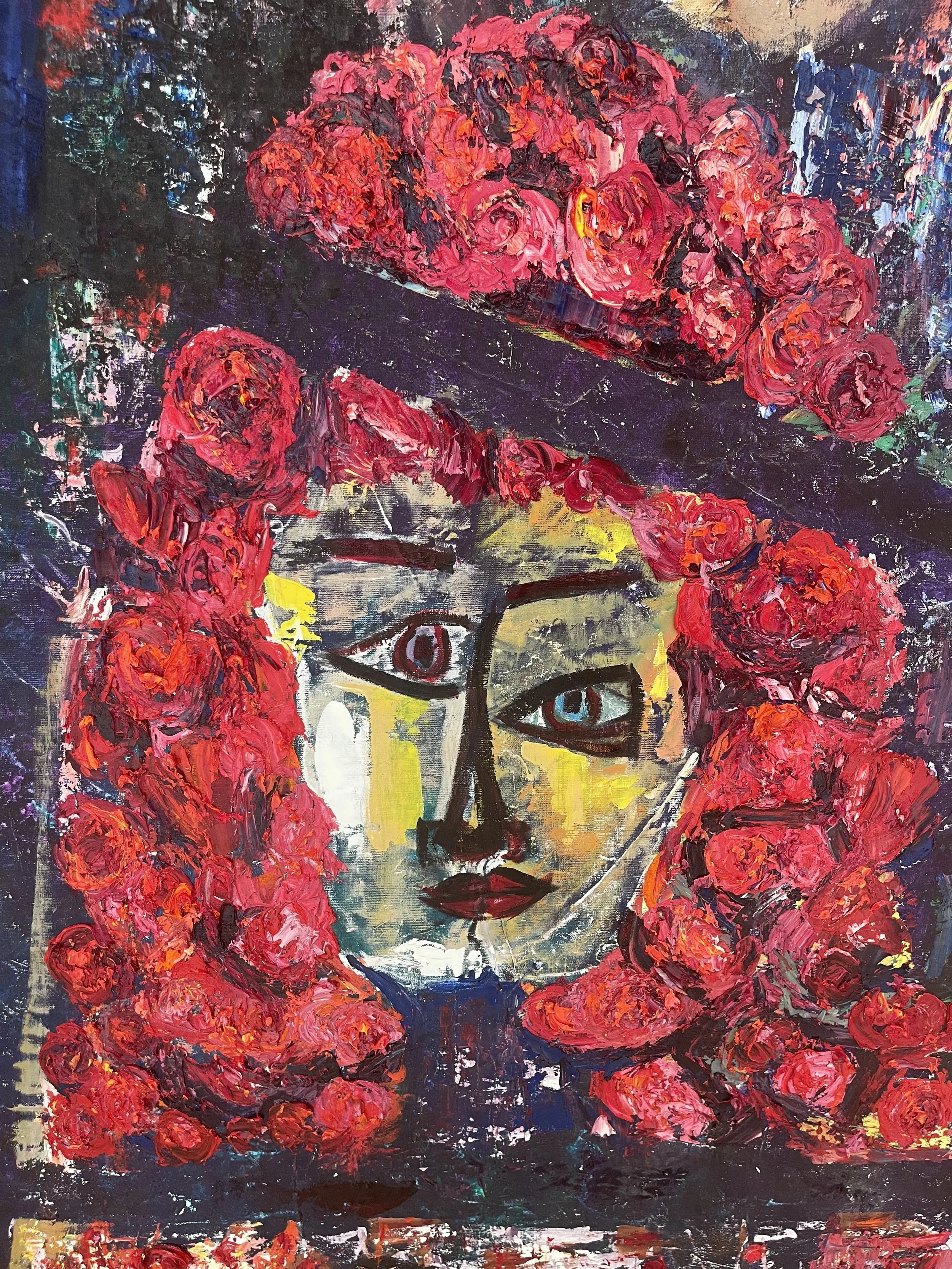 Abstract painting of a woman's face with one blue eye and one red eye, surrounded by vibrant red and pink roses, with dark and colorful background.