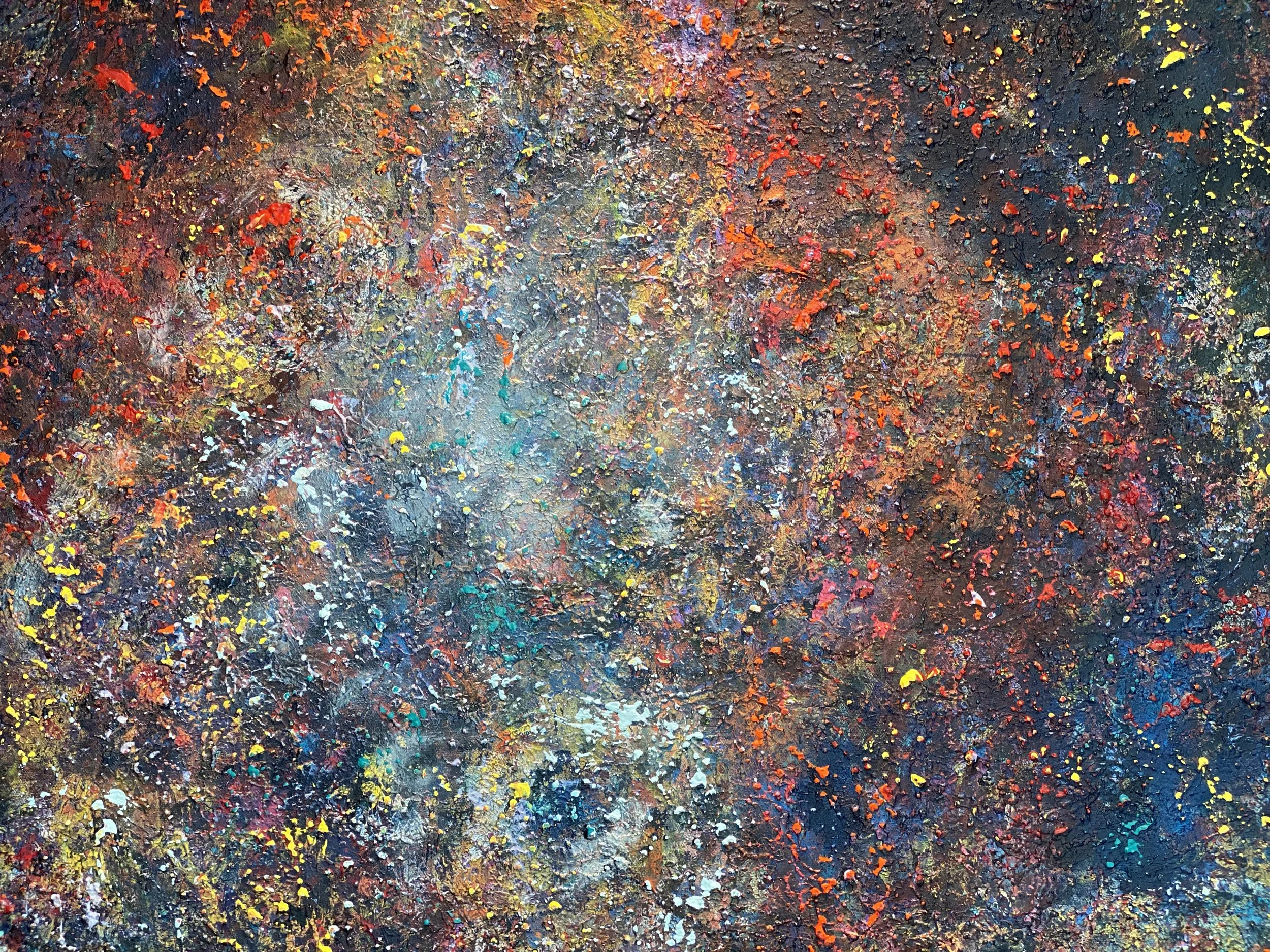 Abstract colorful paint splatters and textures with a mix of vibrant reds, blues, yellows, and oranges.