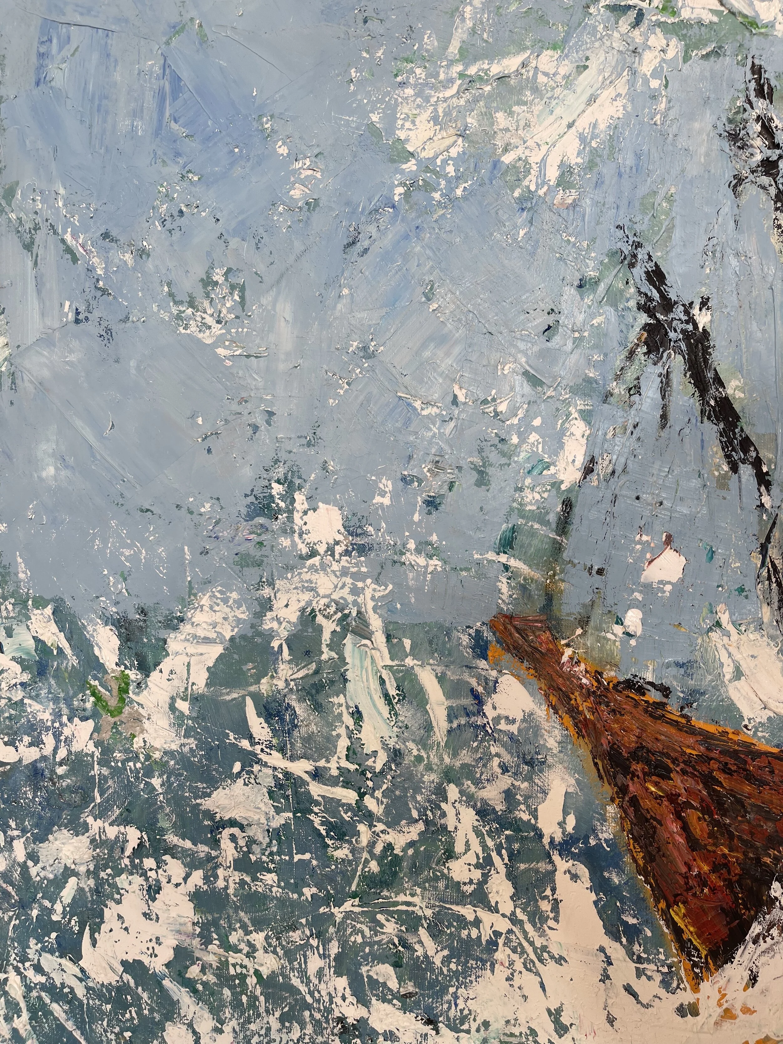 An abstract painting featuring a tree truck and branches with a background of a sky filled with clouds in shades of blue and white.