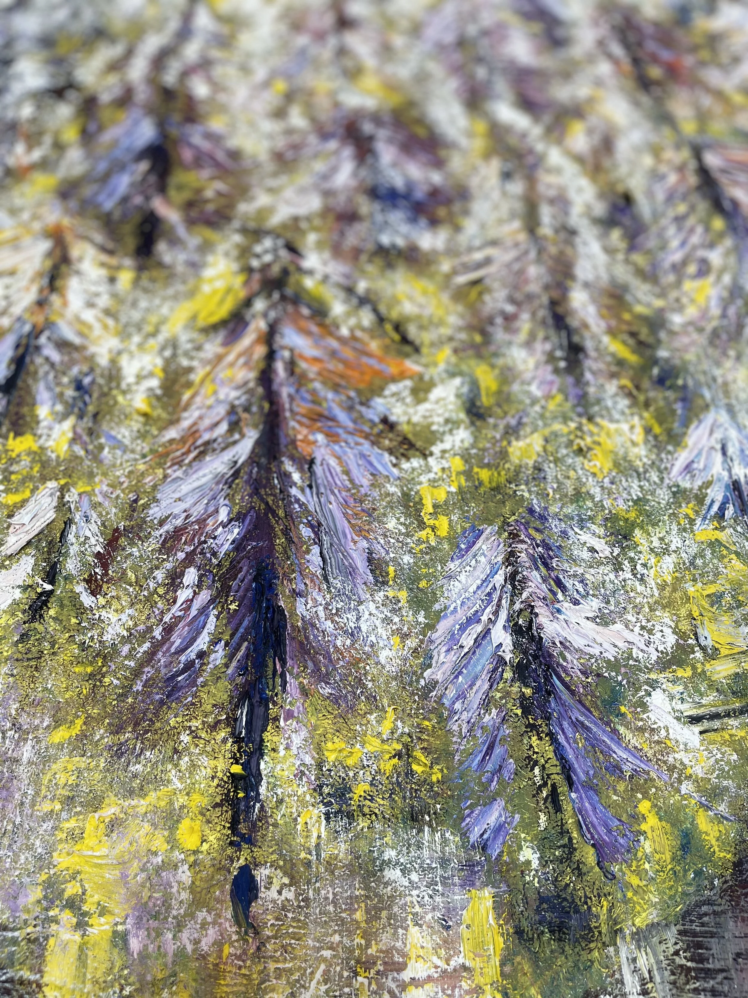 Close-up of an abstract painting with thick brushstrokes in shades of purple, green, yellow, orange, white, and black.