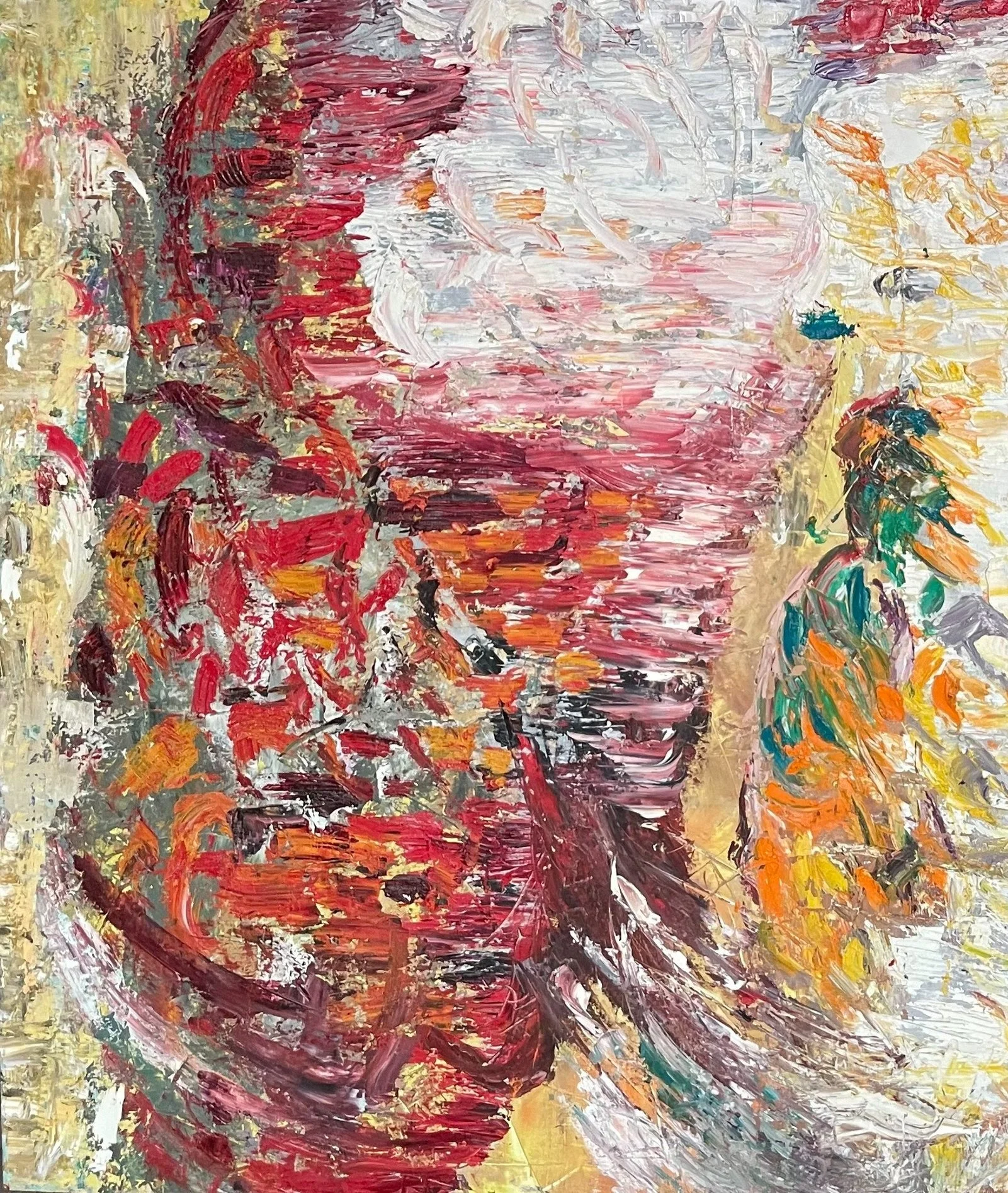 Abstract painting with bold, swirling strokes of red, orange, yellow, green, and white, creating a textured, colorful composition.