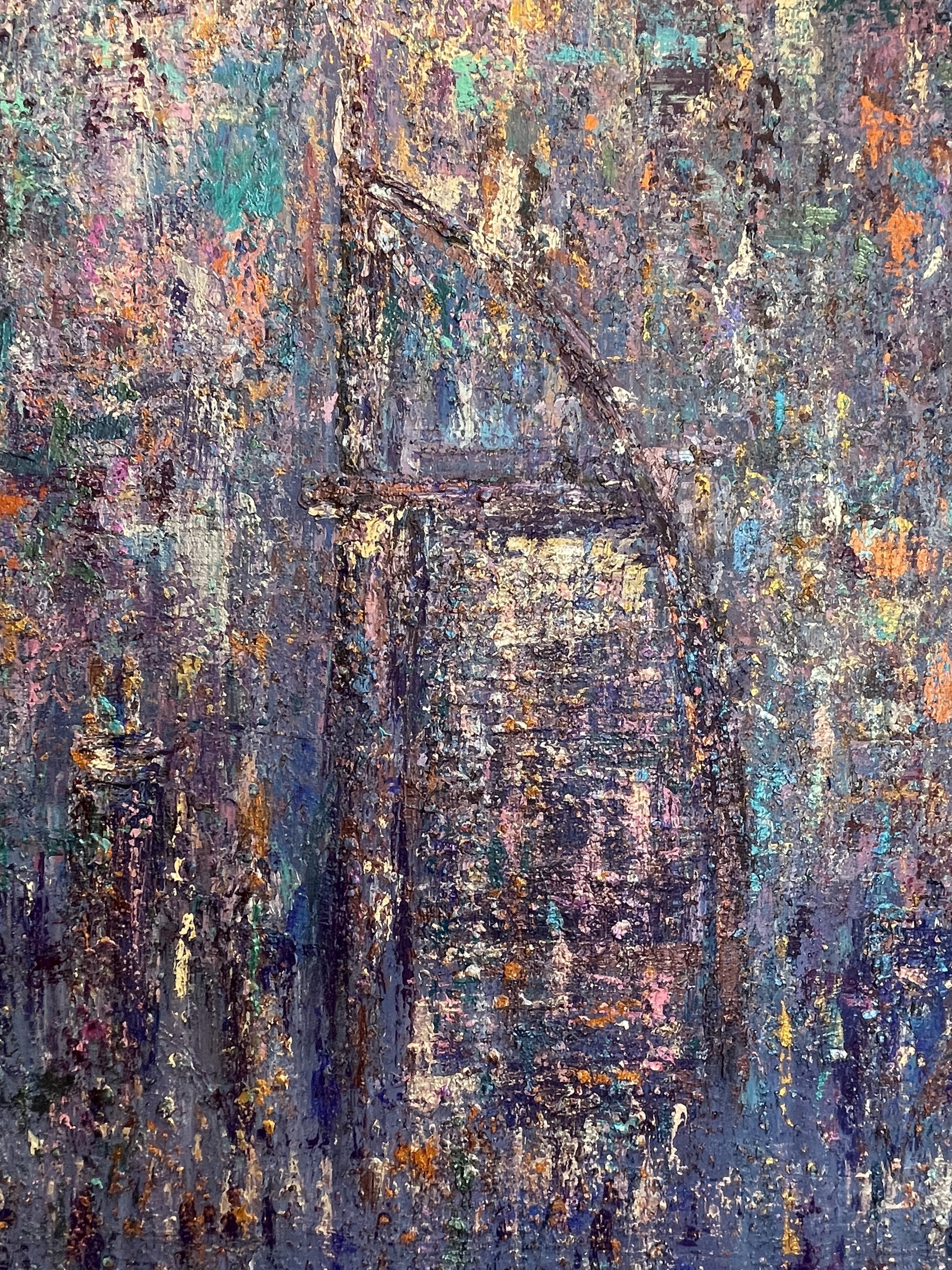 An abstract impressionist painting of a bicycle using vibrant, textured brushstrokes with a mix of colors including purple, blue, pink, and orange.