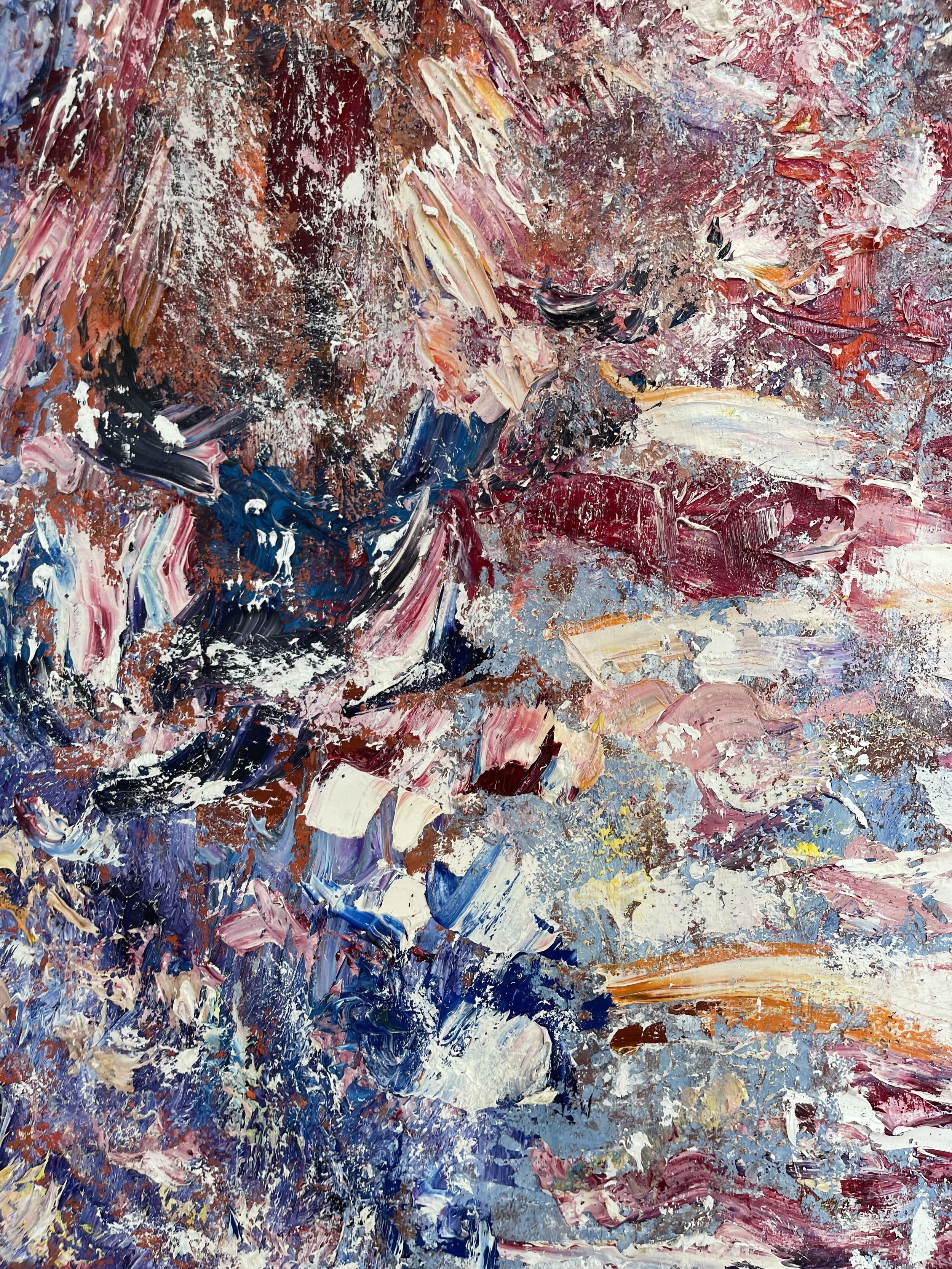 Abstract expressionist painting with thick, textured strokes of various colors including red, pink, white, blue, and brown.