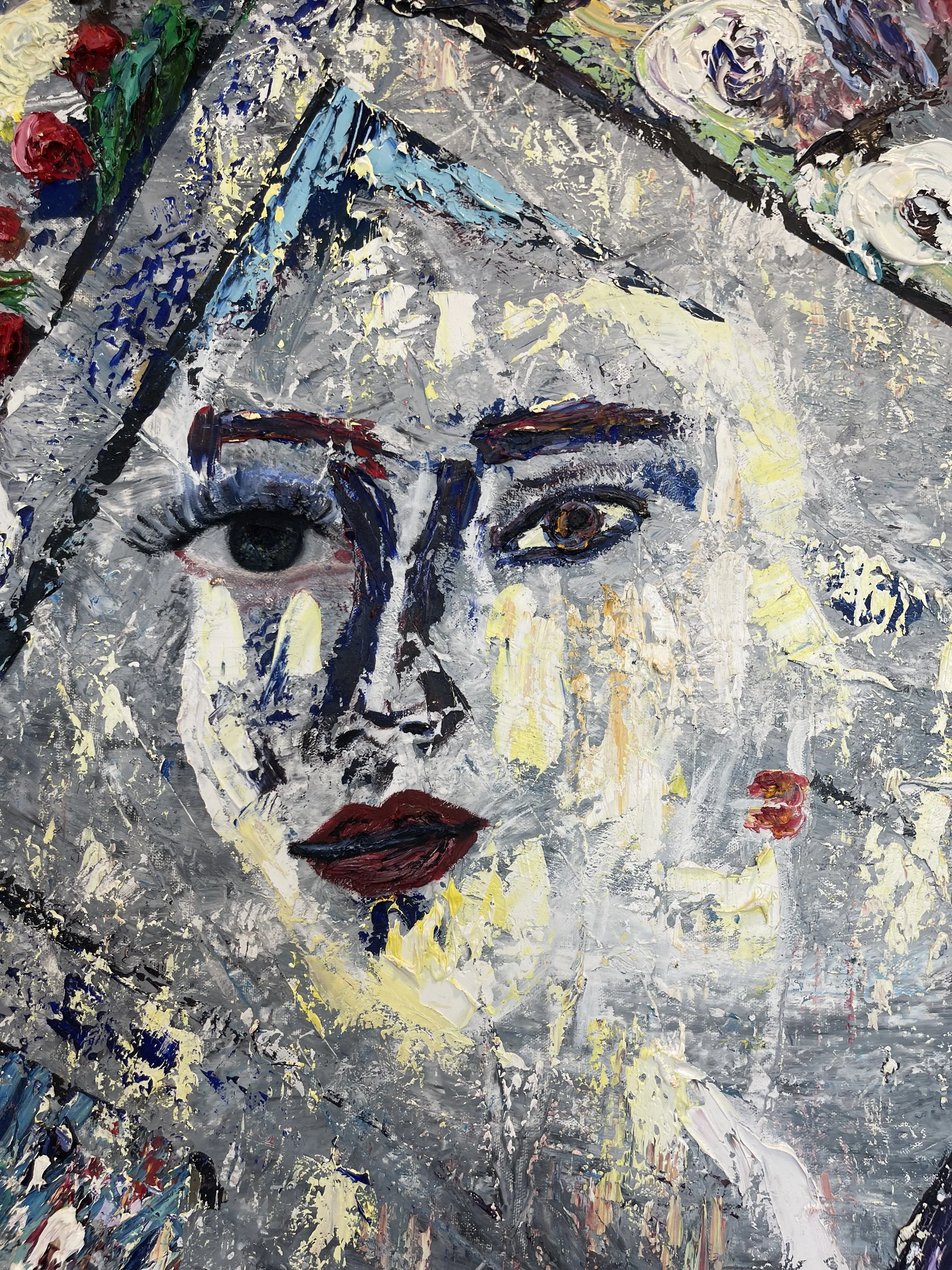 Abstract portrait of a woman with large eyes and red lips, featuring a mix of bold brushstrokes and textured paint in shades of gray, yellow, blue, and white; decorative red roses and other floral elements surrounding her face.