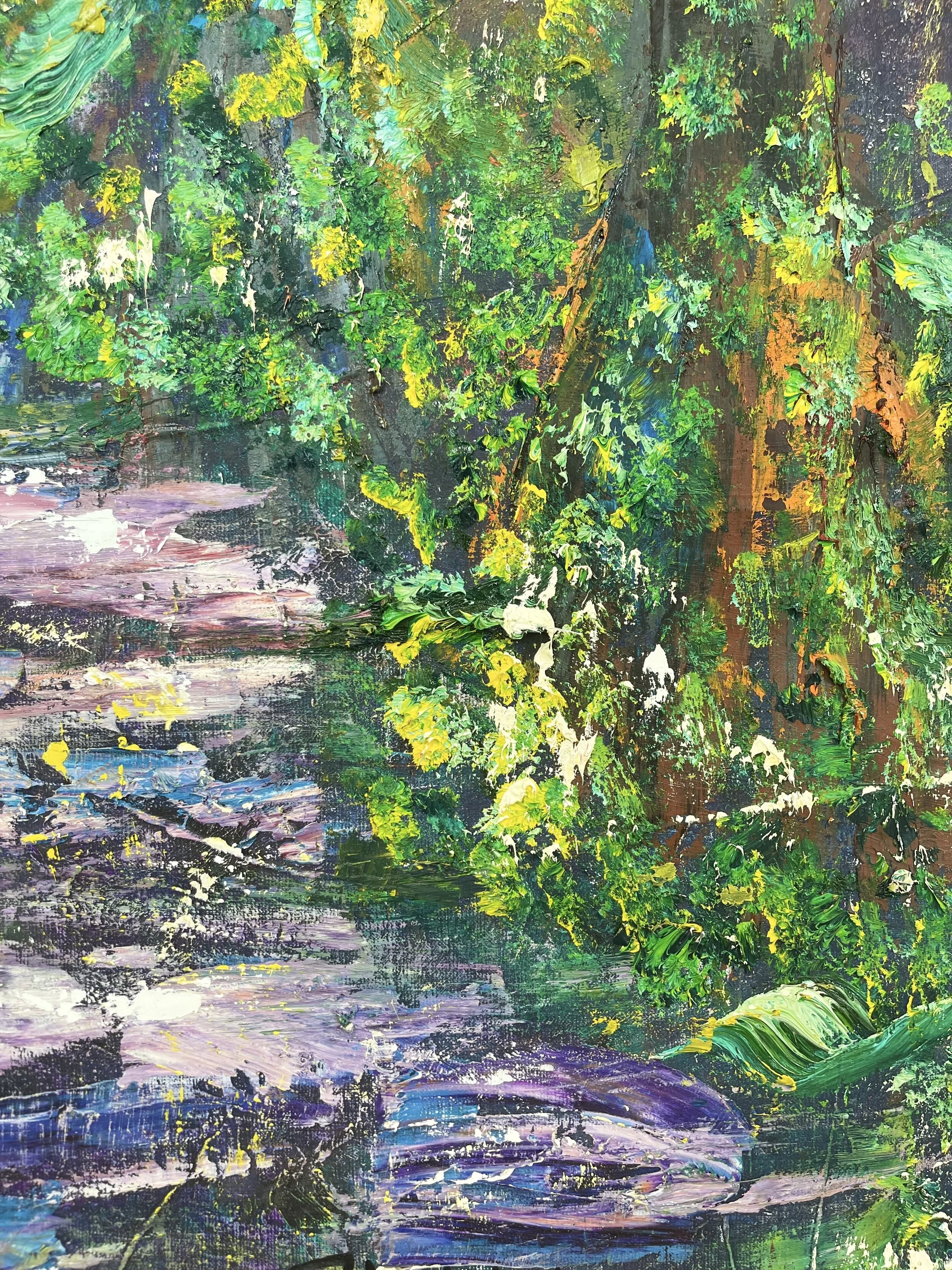 An abstract painting depicting a lush green forest with trees and foliage beside a body of water, with expressive brushstrokes and vibrant colors.
