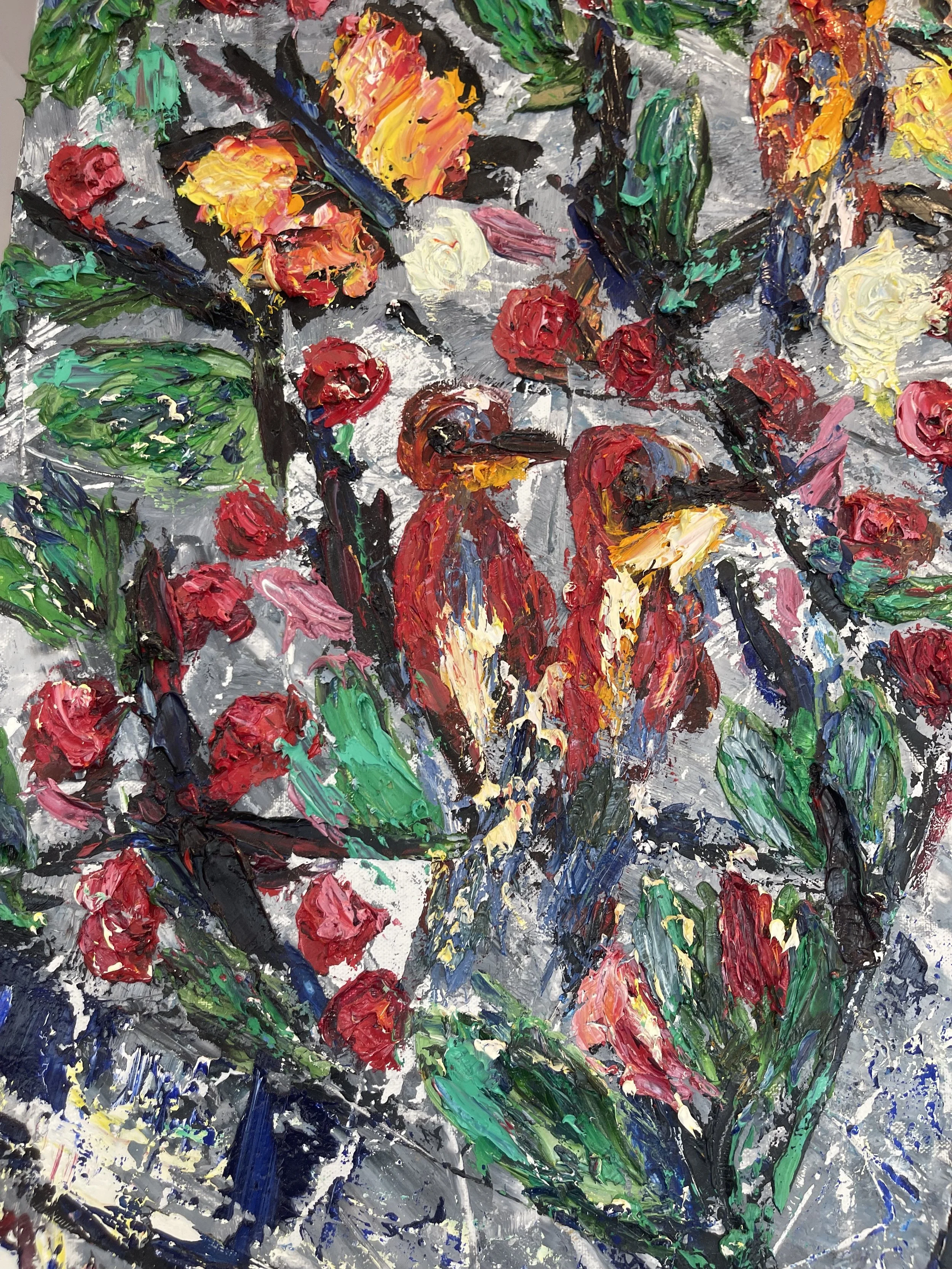 An abstract painting of two red parrots surrounded by green leaves and red flowers, with a gray background, created with thick, textured brushstrokes.