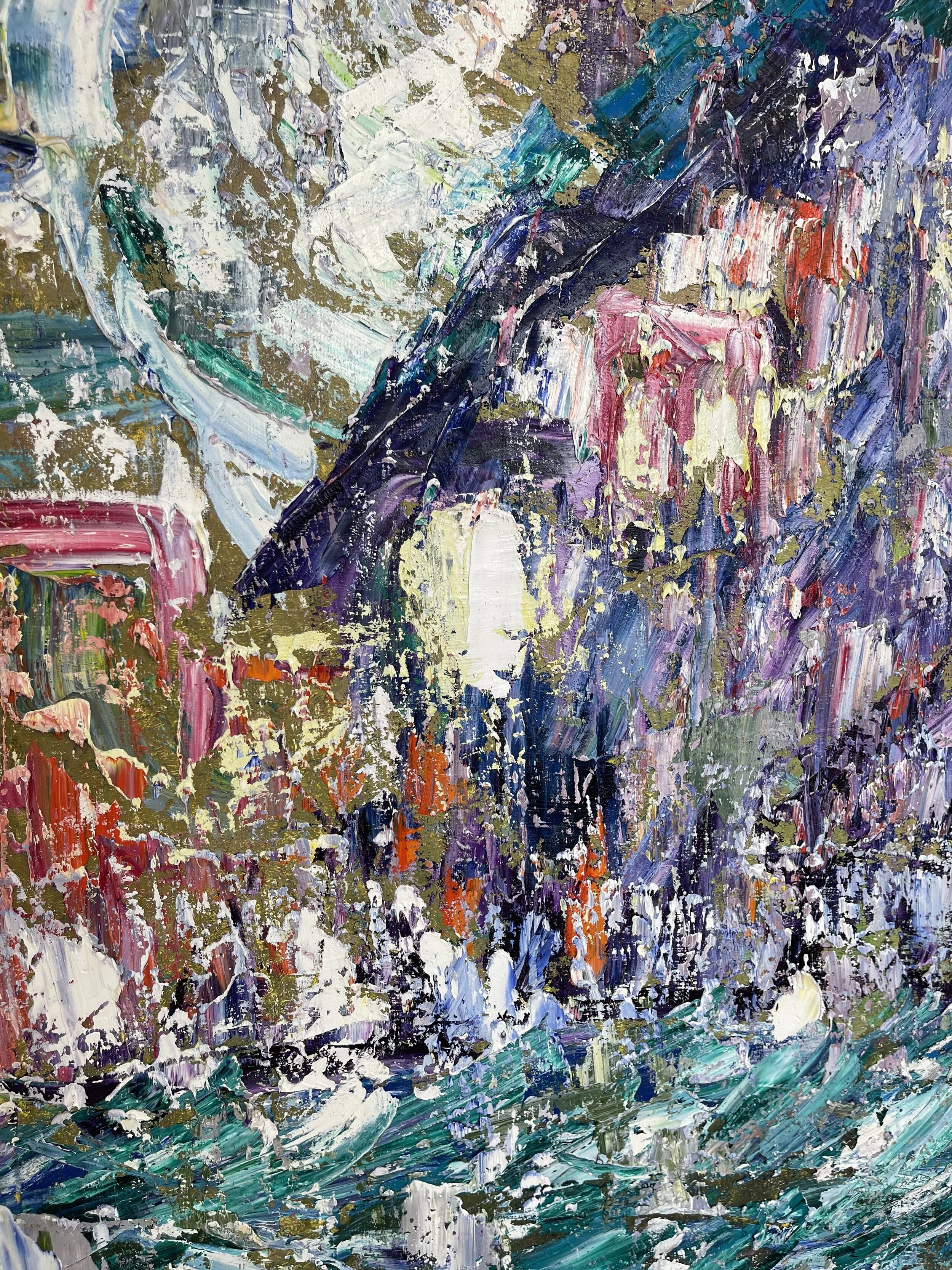 Abstract impressionist painting with vibrant colors including purples, pinks, blues, greens, and whites, depicting a waterfall splashing into a stream surrounded by lush foliage.