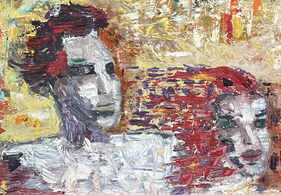 Abstract painting of two women with contrasting hair colors, one with dark hair and red highlights, the other with vibrant red hair, in a colorful, textured style.