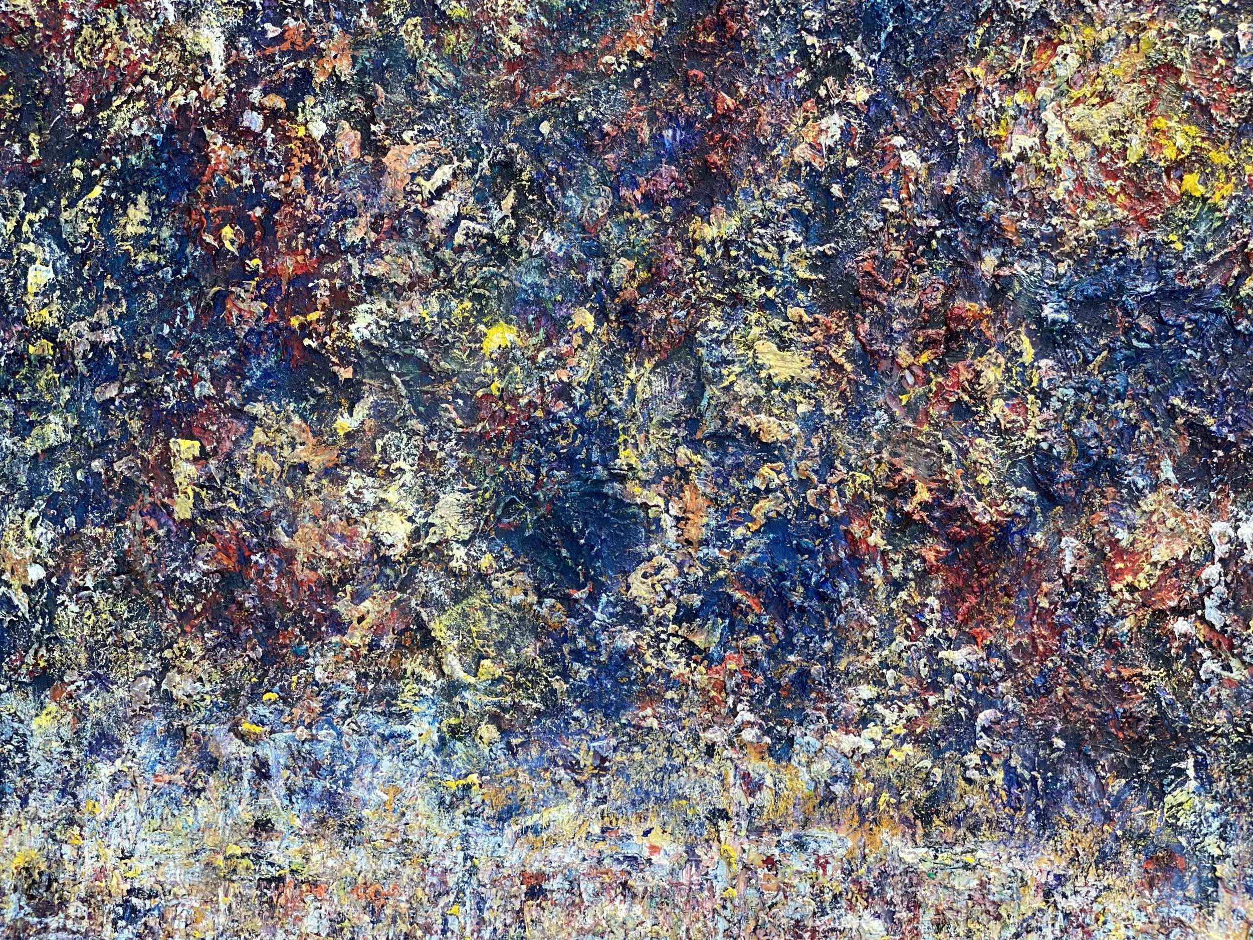 Close-up of an abstract painting with thick, textured layers of multicolored paint including blue, yellow, red, white, and black.
