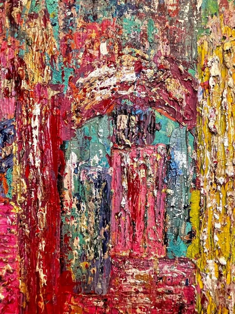 An abstract, impressionistic painting of a colorful entrance or door, with thick, textured brushstrokes in bright colors including red, pink, yellow, green, blue, and purple.