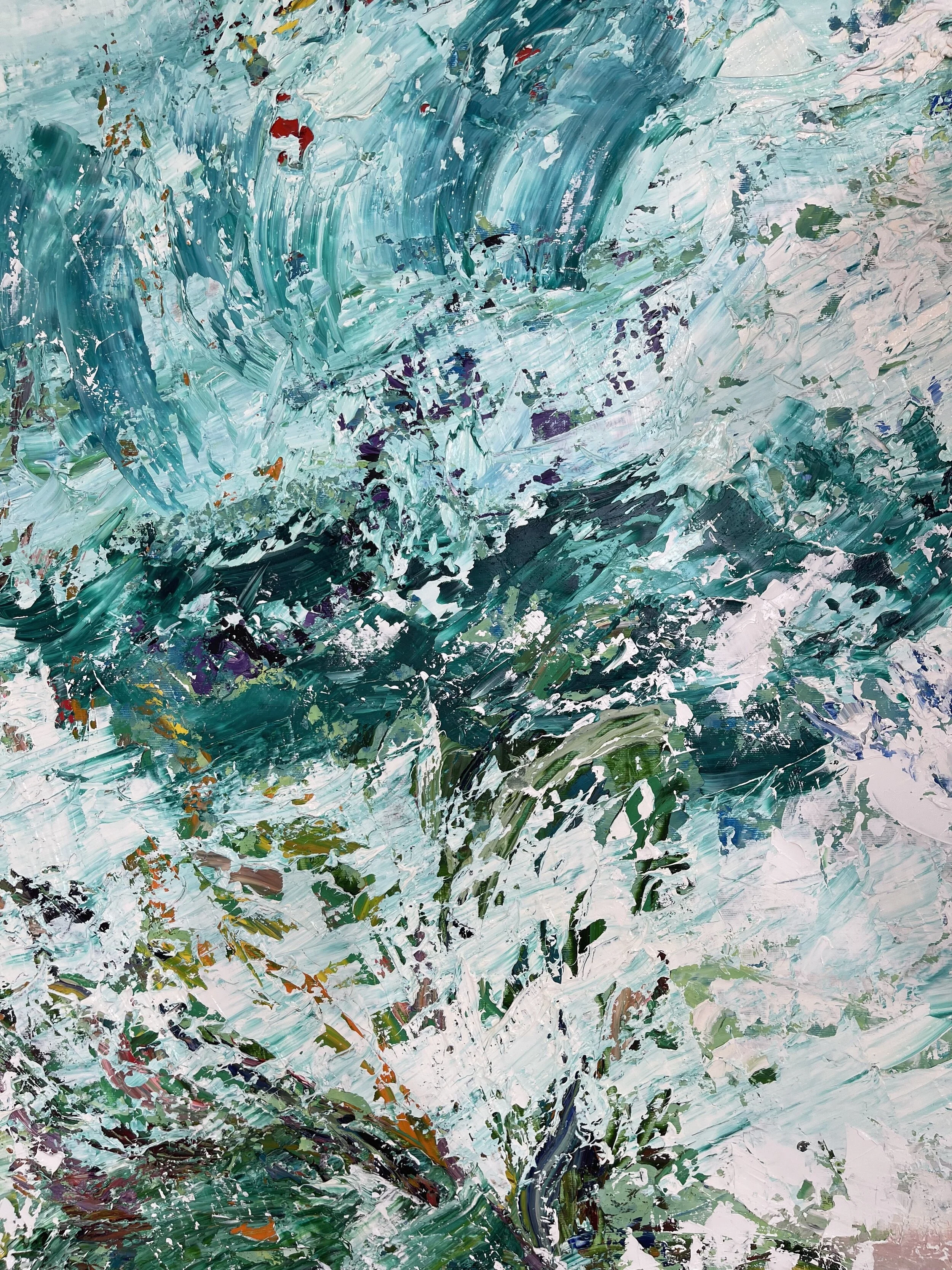 Abstract painting with swirling strokes of blue, green, white, and hints of purple and red.