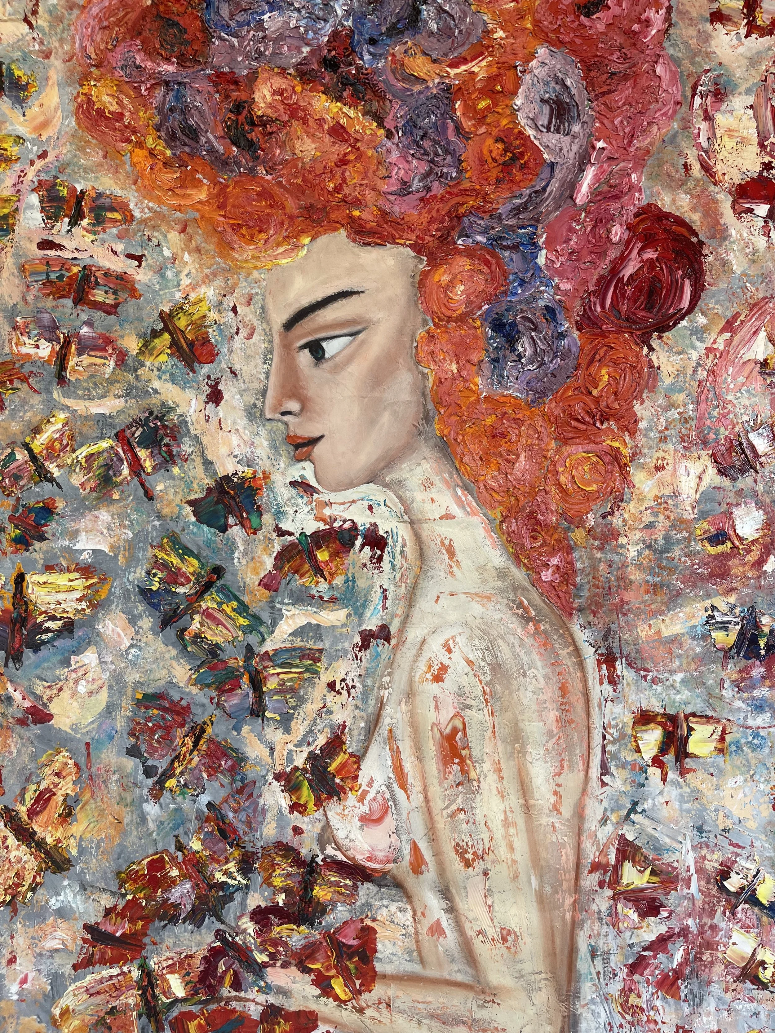 An abstract painting of a woman with vibrant, curly hair surrounded by colorful butterflies.