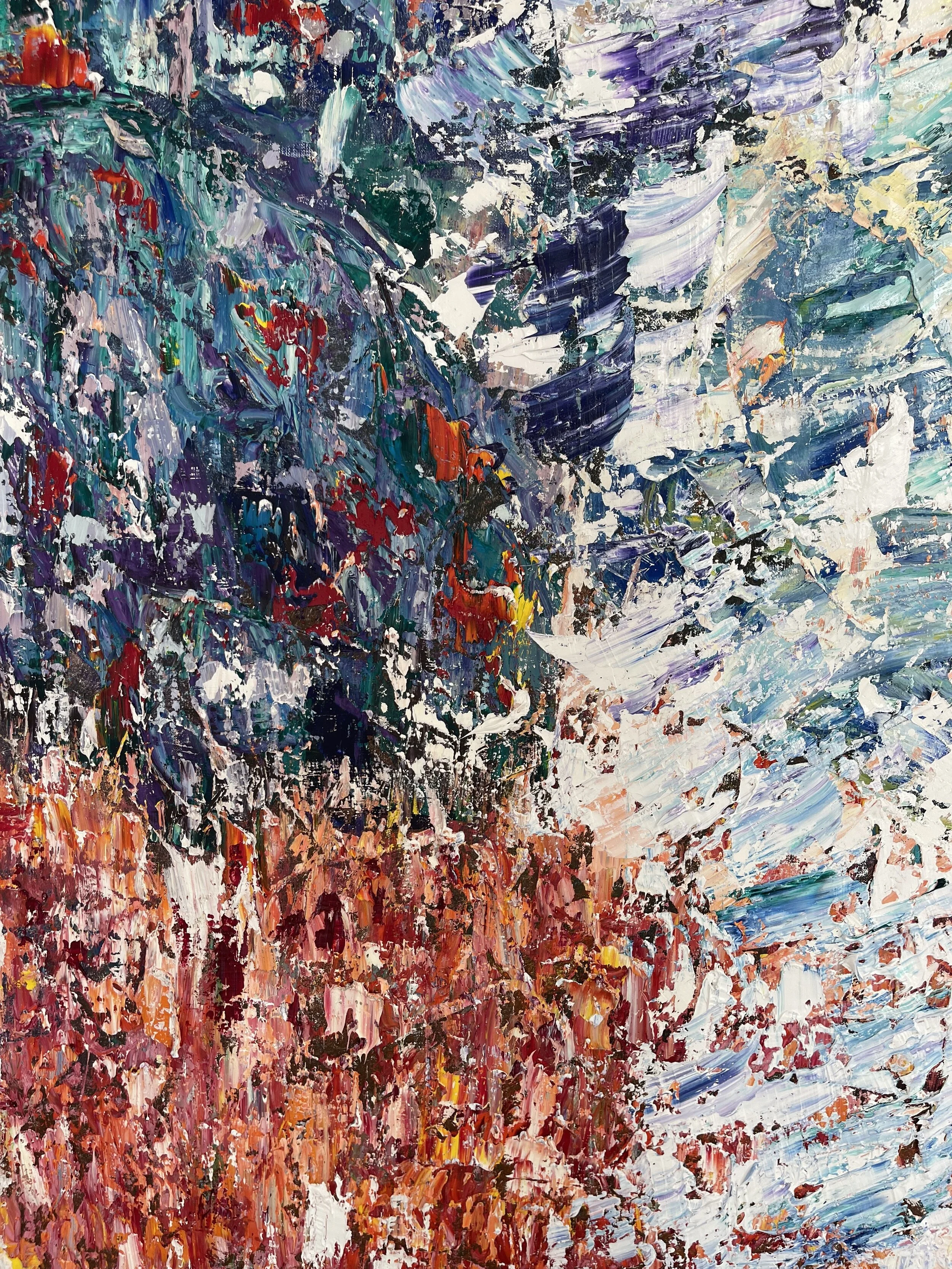 Abstract landscape painting with vibrant colors, featuring blue, purple, red, orange, and white brushstrokes.