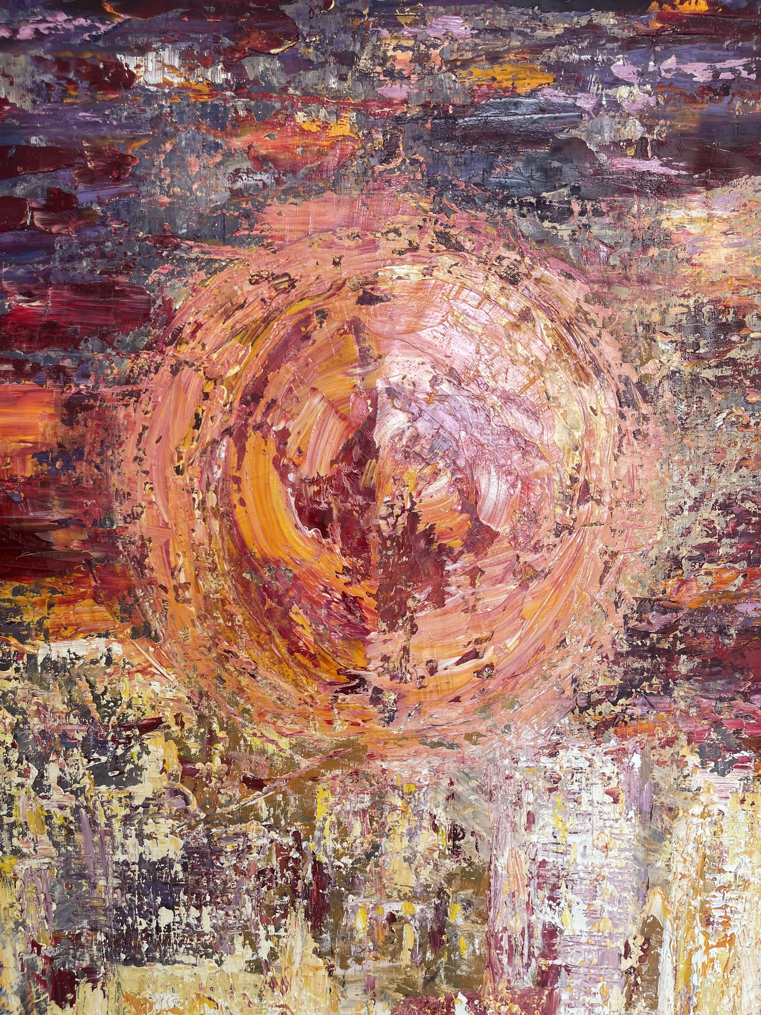 Abstract painting with swirling circles and textured brushstrokes in shades of pink, orange, purple, yellow, gray, and black.