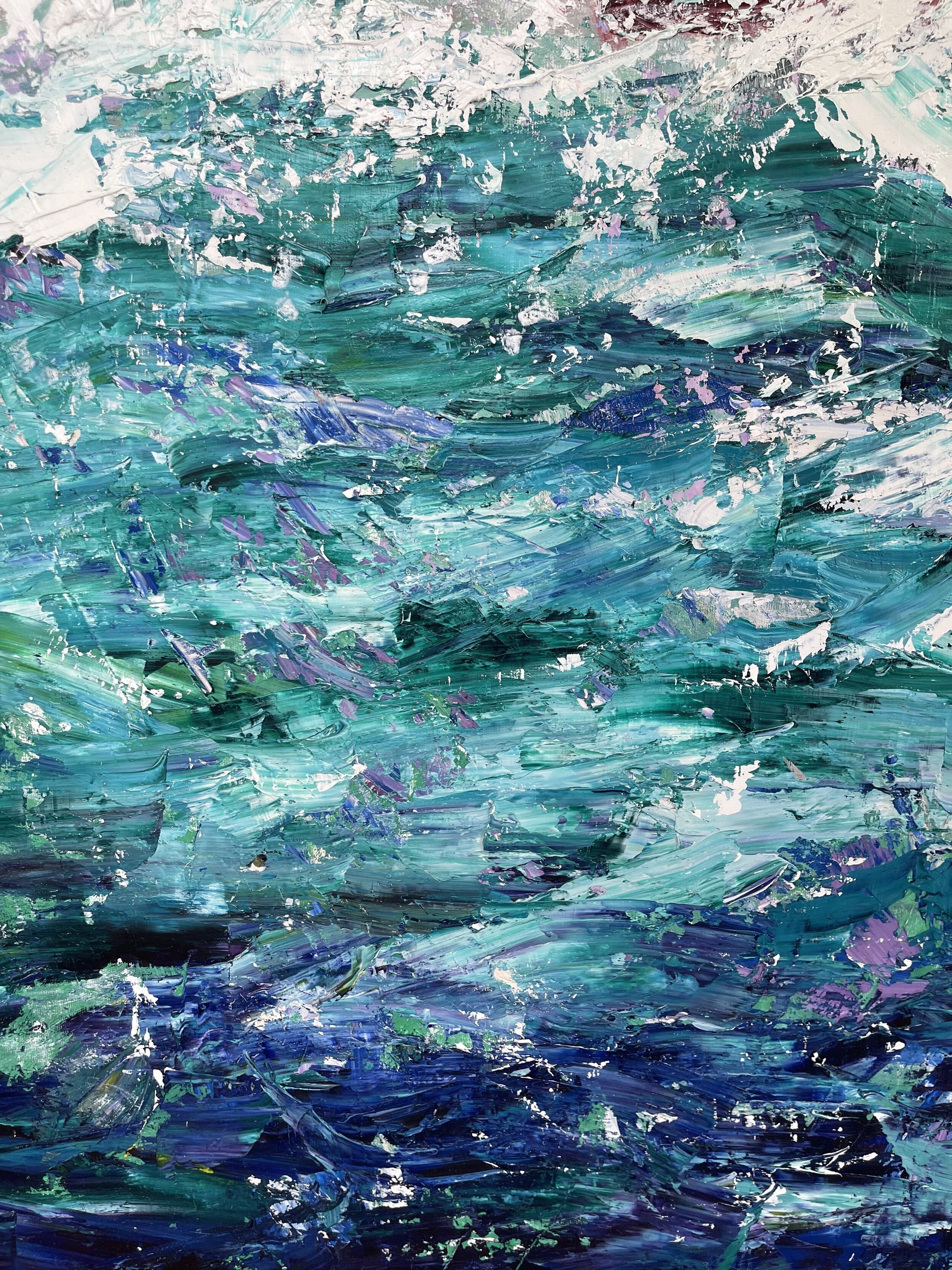 Abstract painting with thick brushstrokes in shades of blue, teal, purple, white, and hints of green.