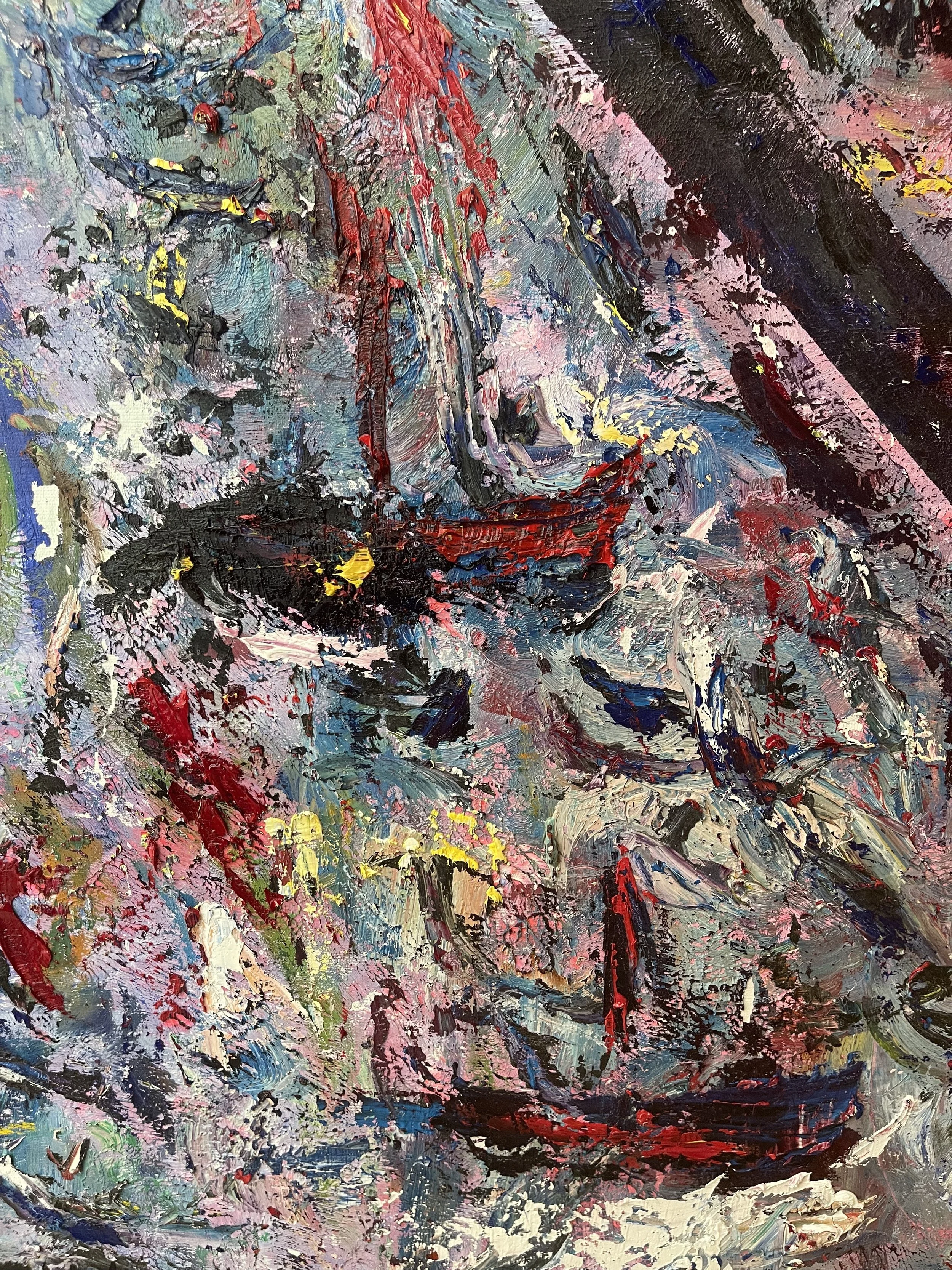 Abstract painting with thick, textured brushstrokes featuring a mix of colors including black, pink, red, blue, yellow, and white.