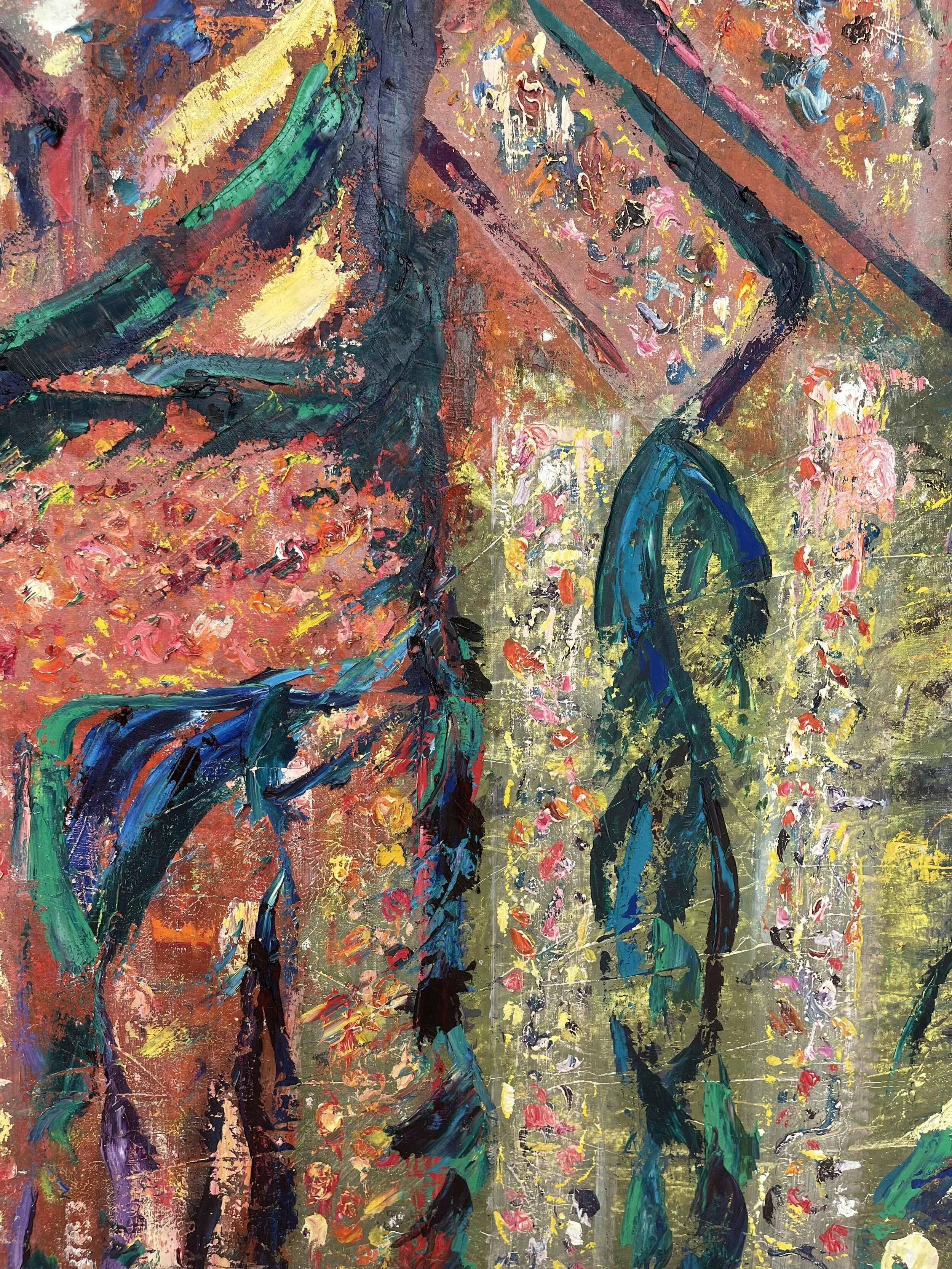 This is an abstract painting with vibrant brushstrokes in red, pink, yellow, green, blue, black, and white, creating a textured and dynamic composition.