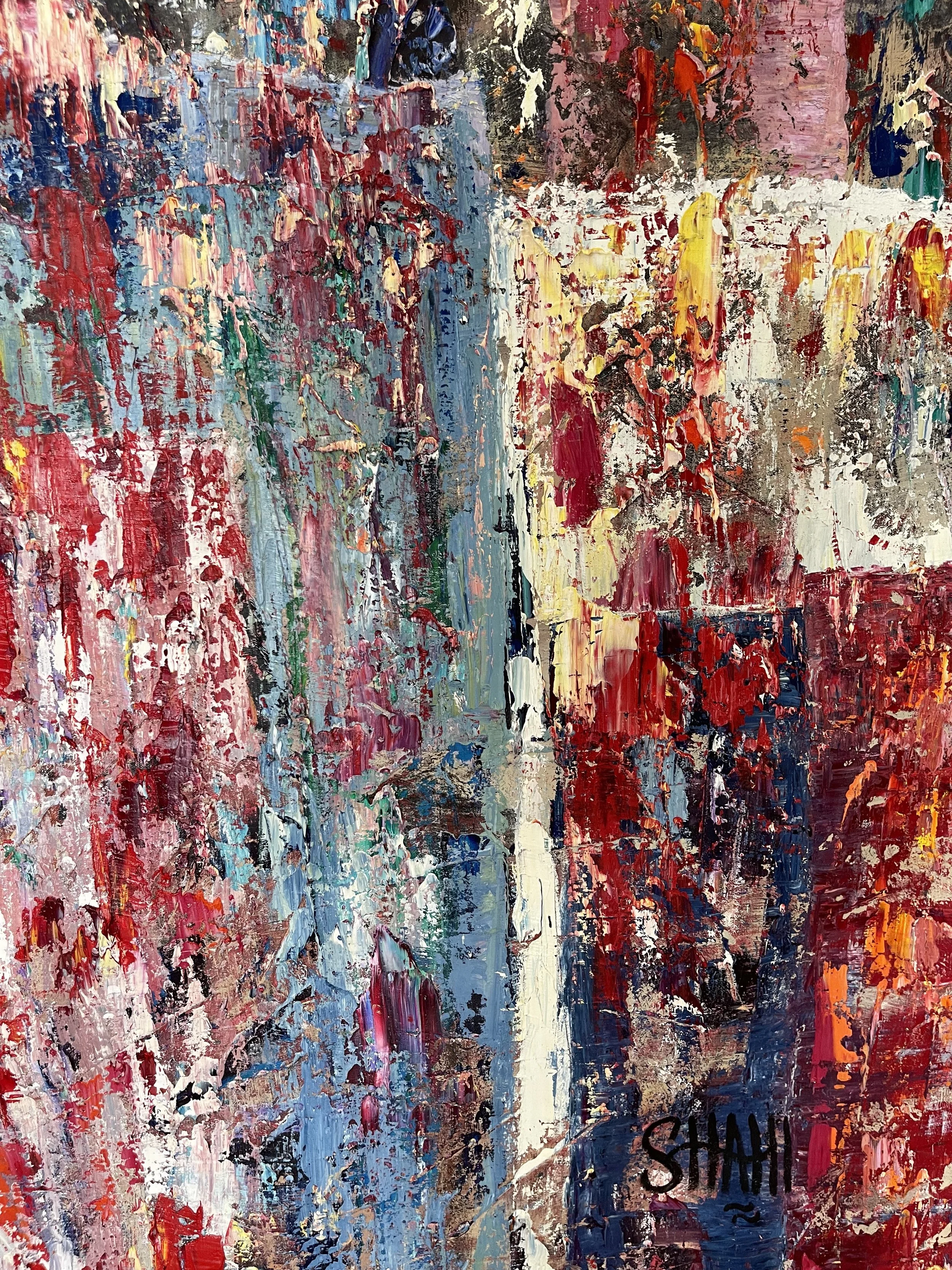 Abstract colorful painting with thick textured brushstrokes in red, pink, blue, yellow, black, white, and green, signed by the artist 'Shani' in the bottom right corner.