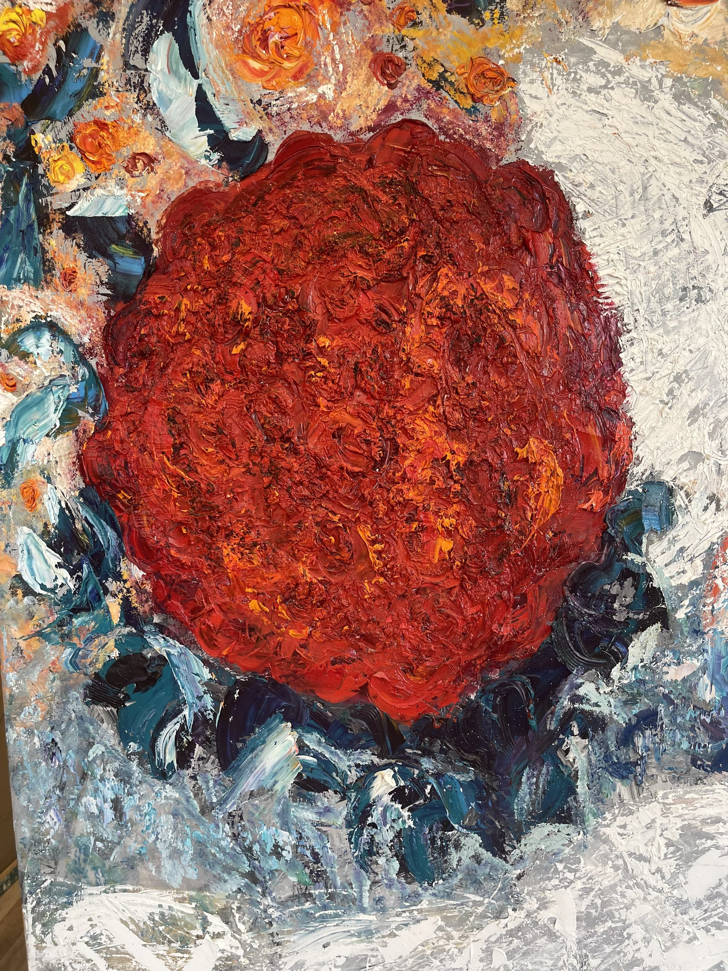 An abstract painting featuring a large red and orange heart at the center, surrounded by swirling blue, black, white, and beige brushstrokes.
