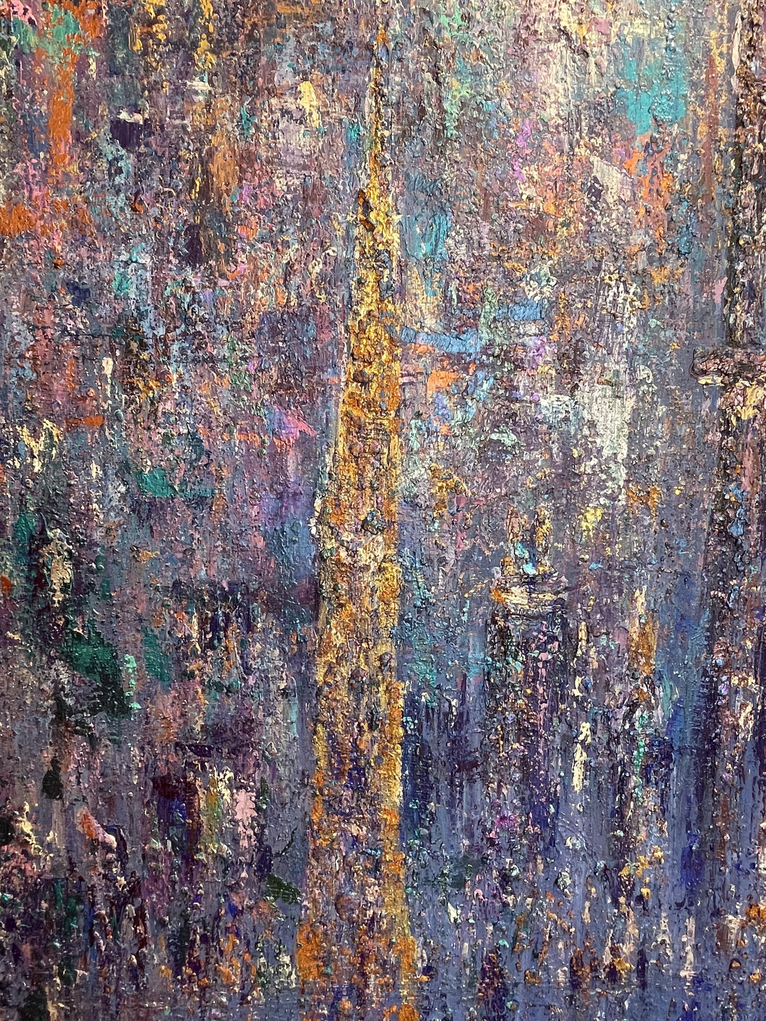 An abstract painting with vibrant, textured layers of purple, pink, blue, green, orange, and yellow, with prominent vertical yellow and orange streaks.