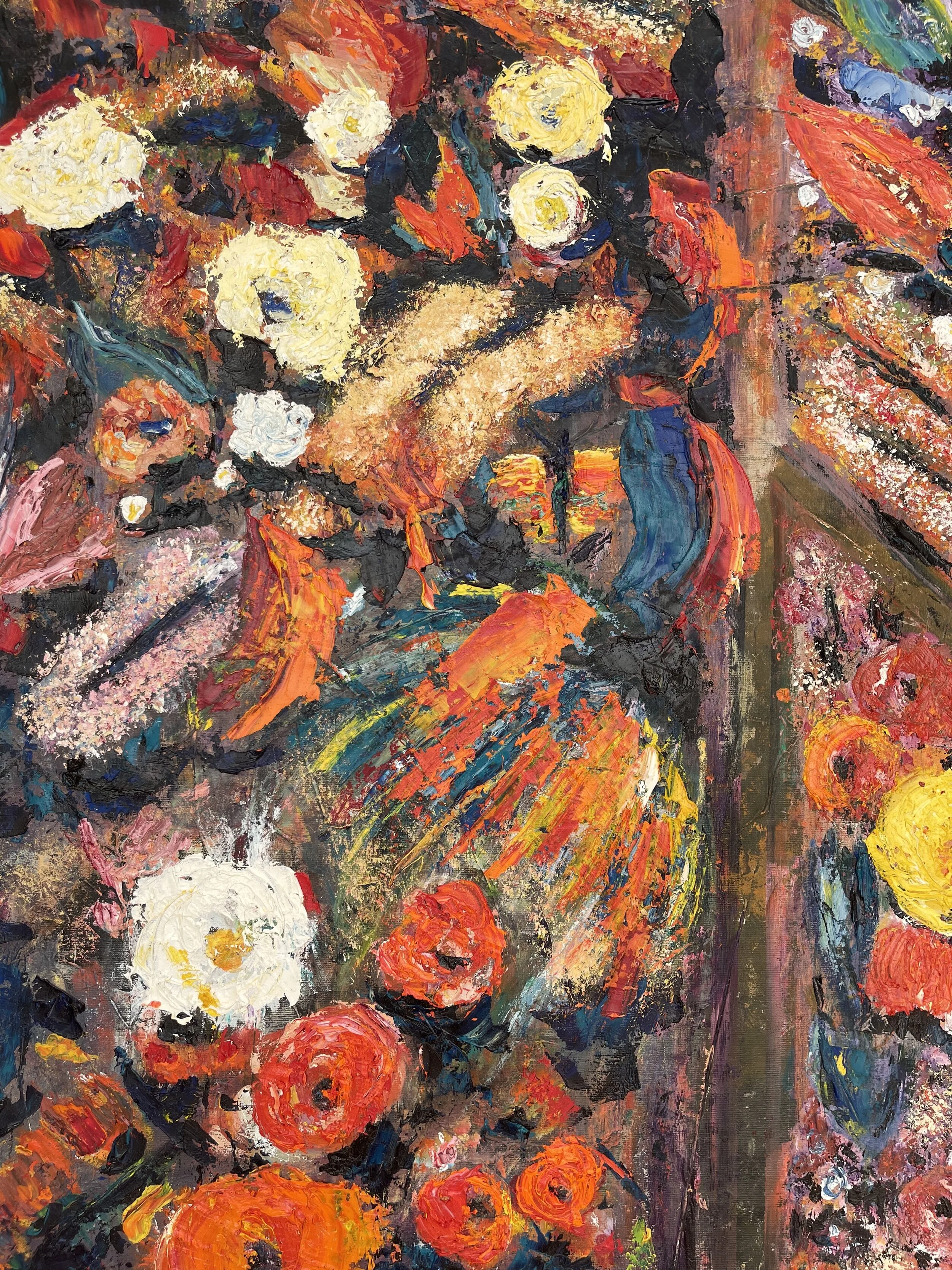 An oil painting of a bouquet of various flowers, including white, red, and yellow blooms, with vibrant, textured brushstrokes in an impressionistic style.