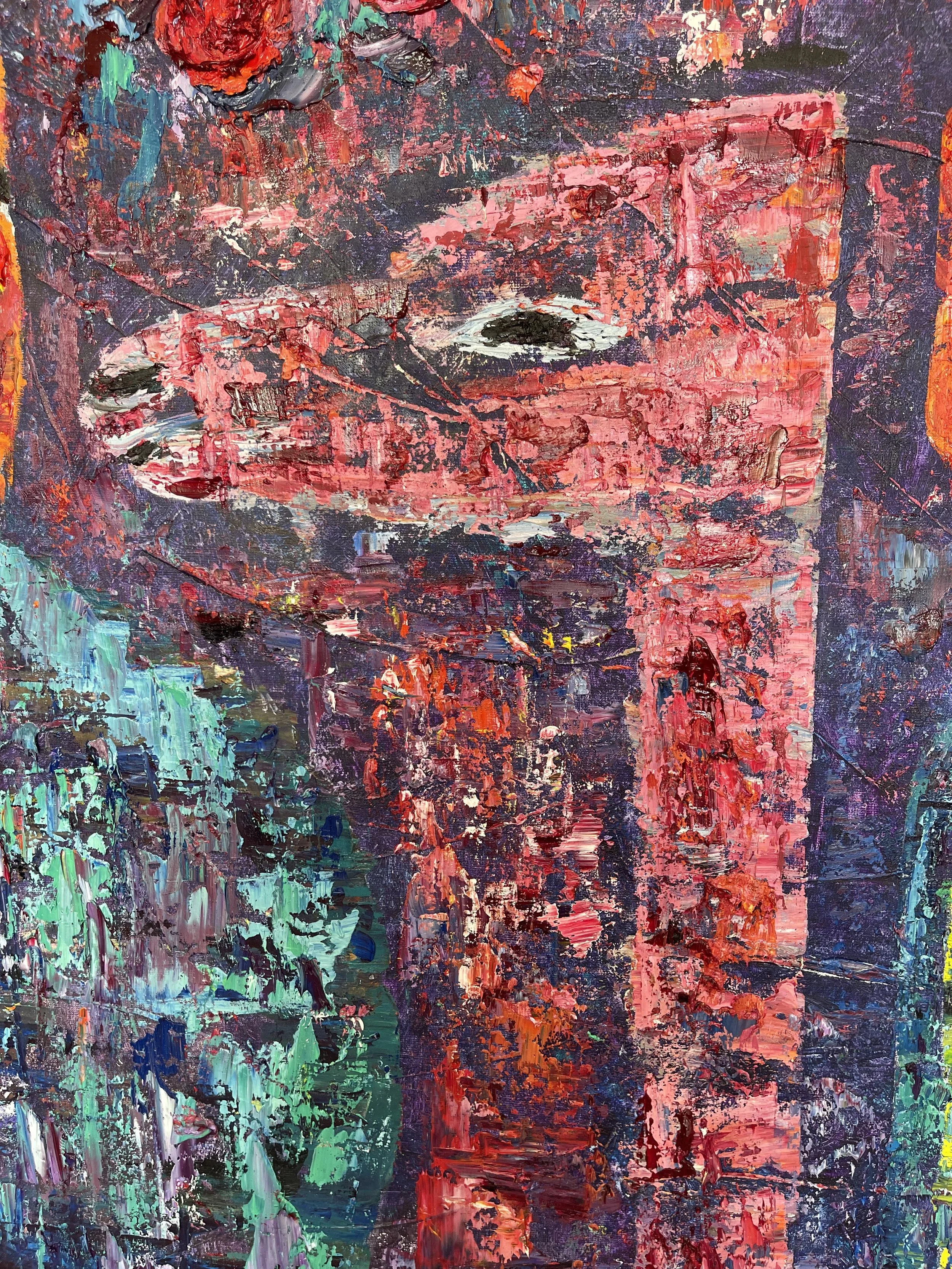 An abstract expressionist painting with a face, featuring closed eyes, created with textured, thick paint in shades of pink, purple, red, teal, and black.