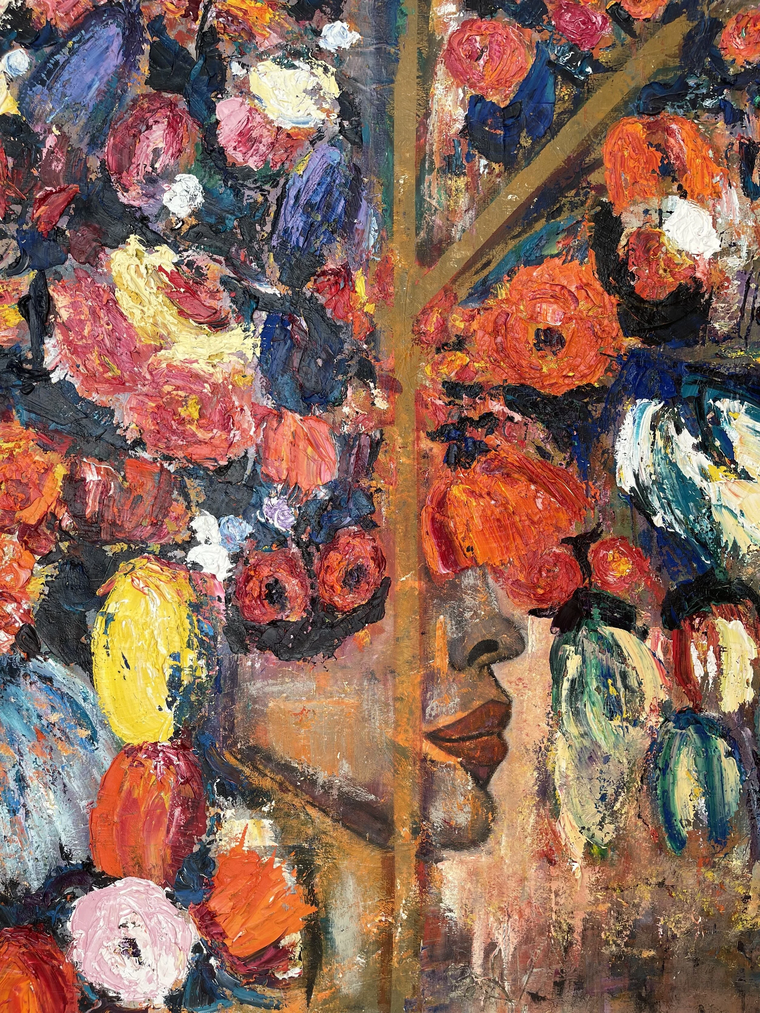 A colorful abstract painting of a woman's face with flowers covering her eyes, using bold brushstrokes and a vibrant palette of reds, oranges, pinks, blues, and greens.
