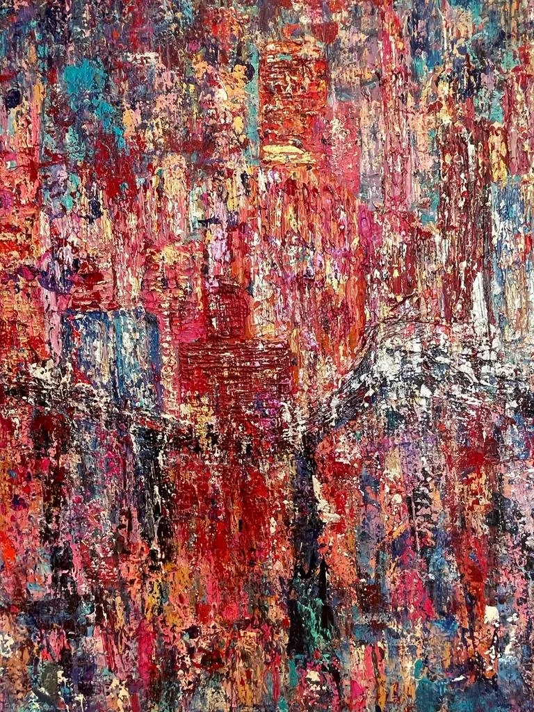 Abstract colorful painting with red, pink, orange, blue, black, and white paint applied in thick, textured layers.