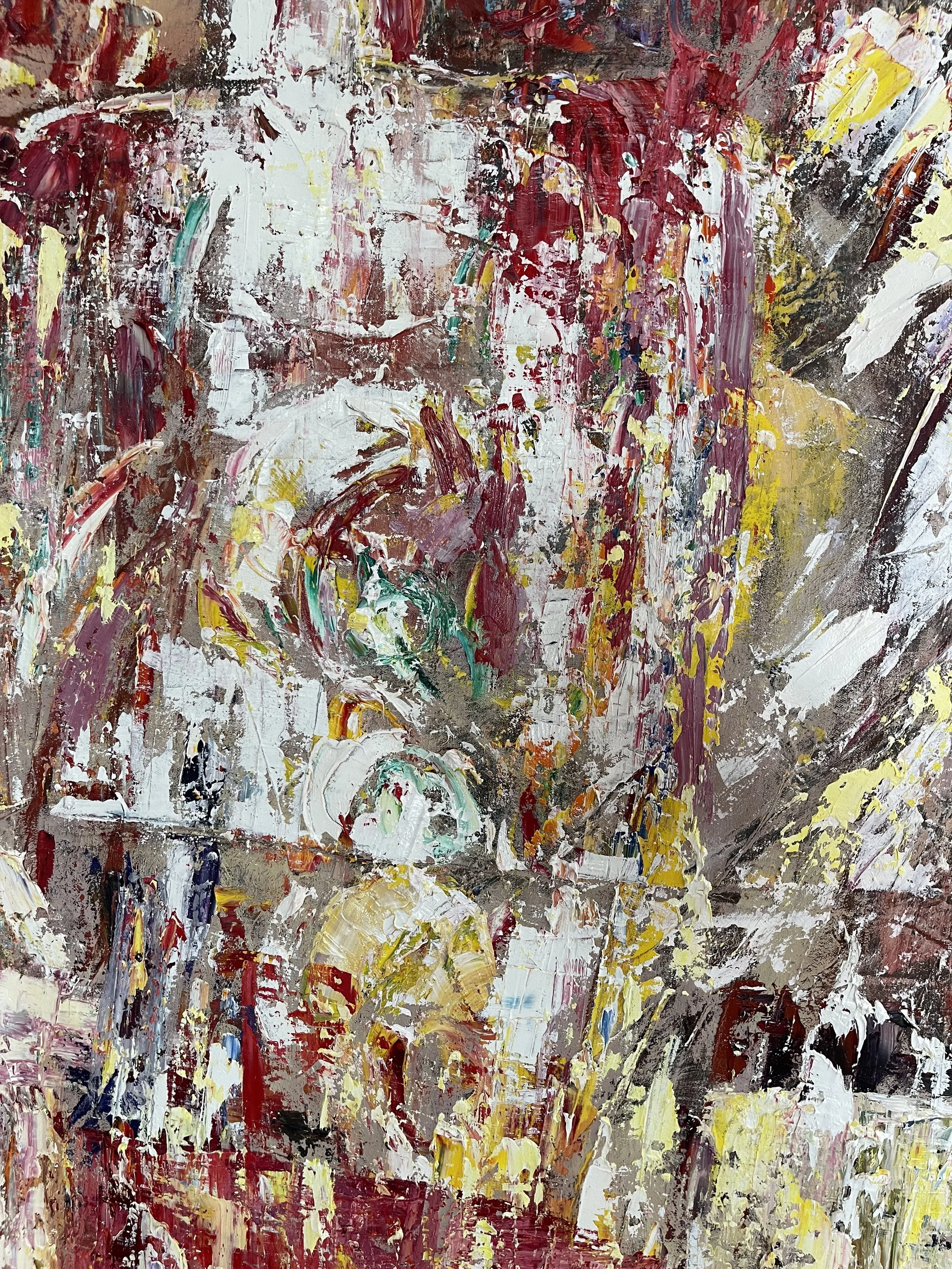 Abstract expressionist painting with bold, textured brushstrokes in reds, whites, yellows, greens, and blacks.