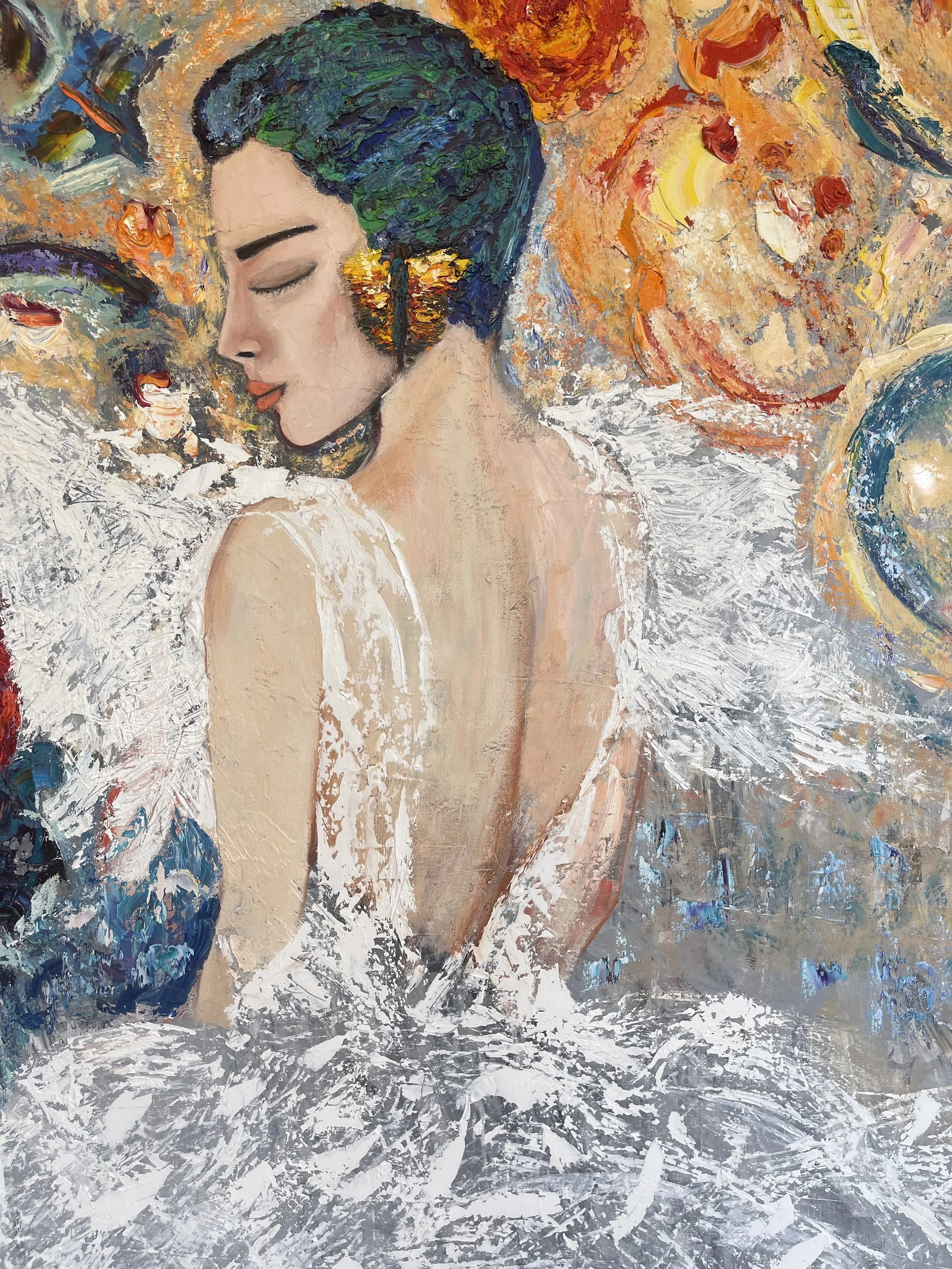 A painting of a woman with short dark hair, eyes closed, with a butterfly and painted flowers near her face, wearing a white dress with an open back, surrounded by abstract bright colors and textured brushstrokes.