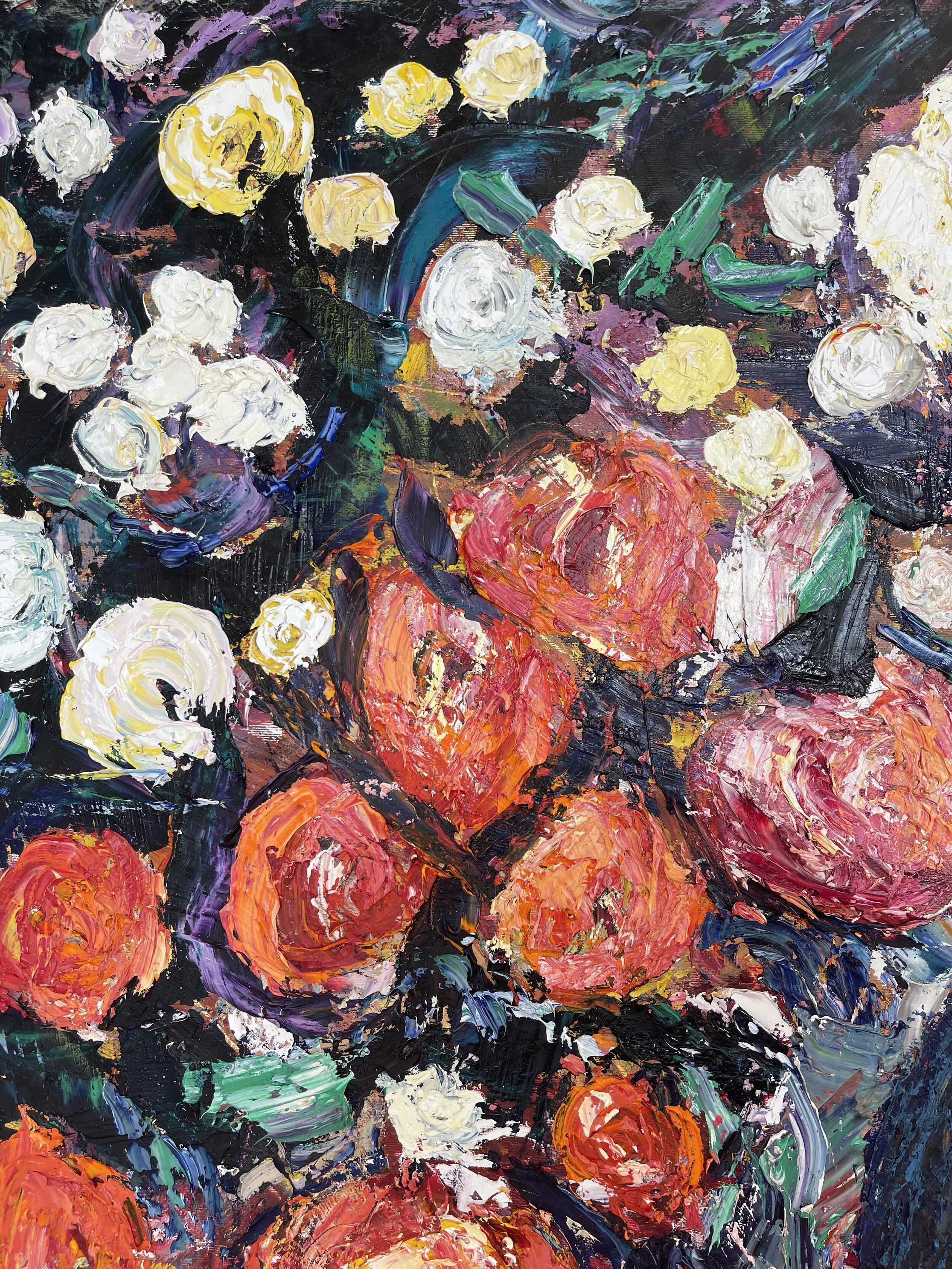 Abstract painting of red, orange, white, and yellow flowers with green and purple leaves against a dark background, created with thick, textured brushstrokes.