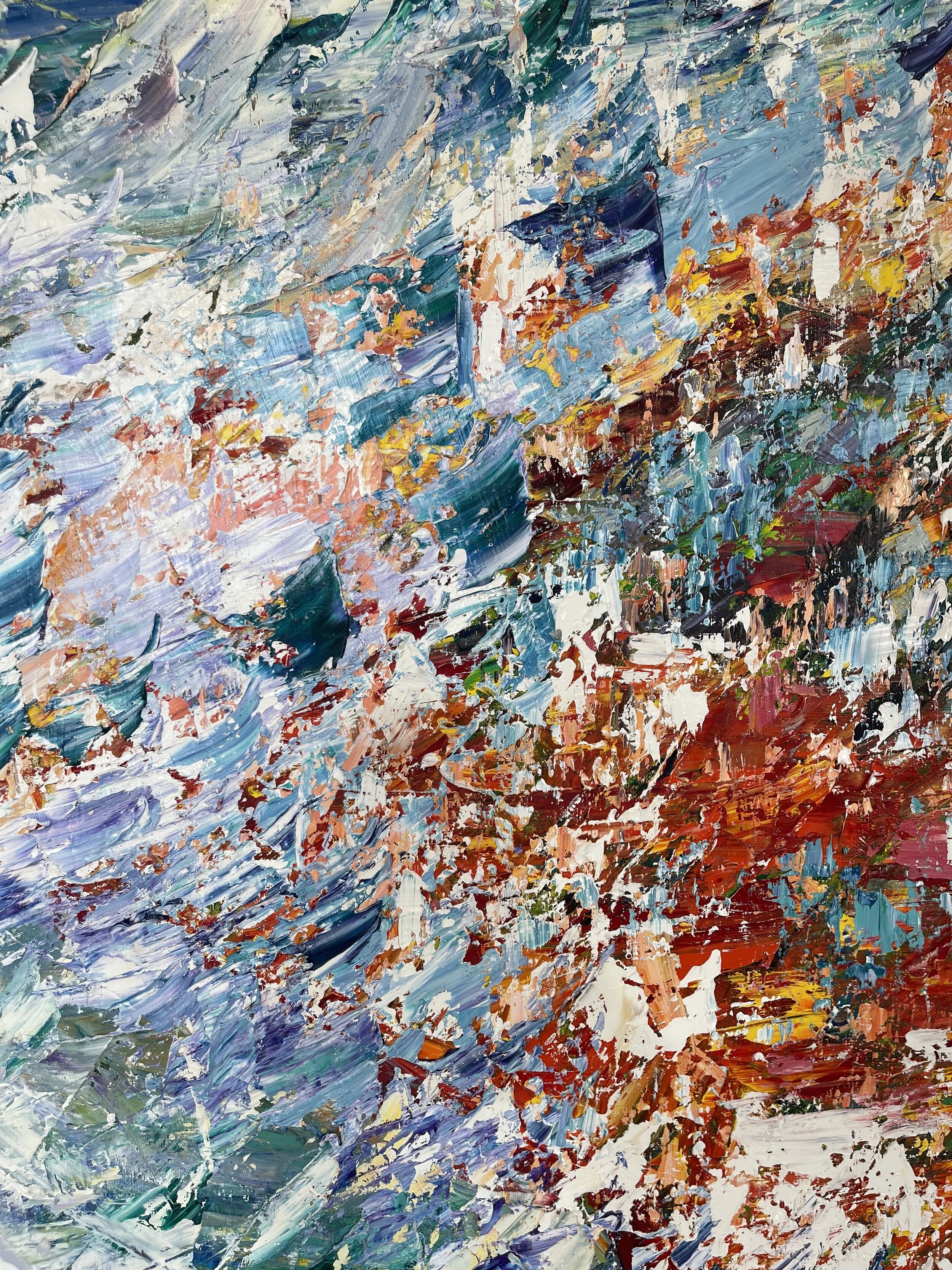 Abstract expressionist painting with thick, textured brushstrokes in shades of blue, white, red, and orange.