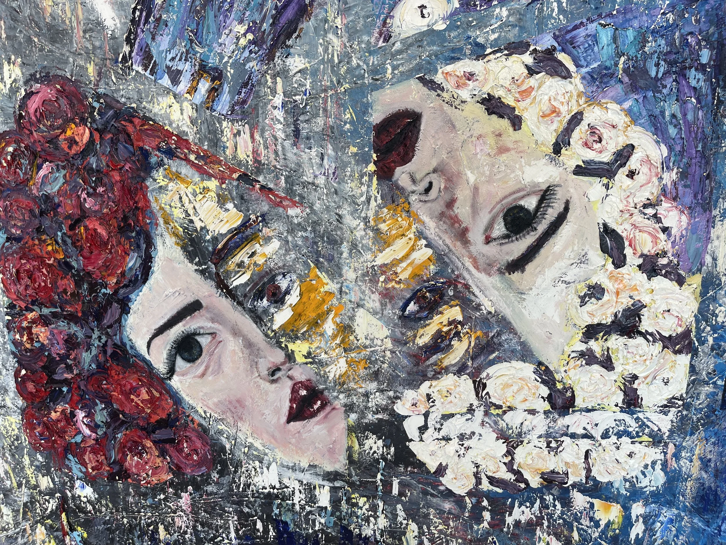 Abstract painting depicting two female faces with roses in their hair, surrounded by vibrant brushstrokes in various colors.