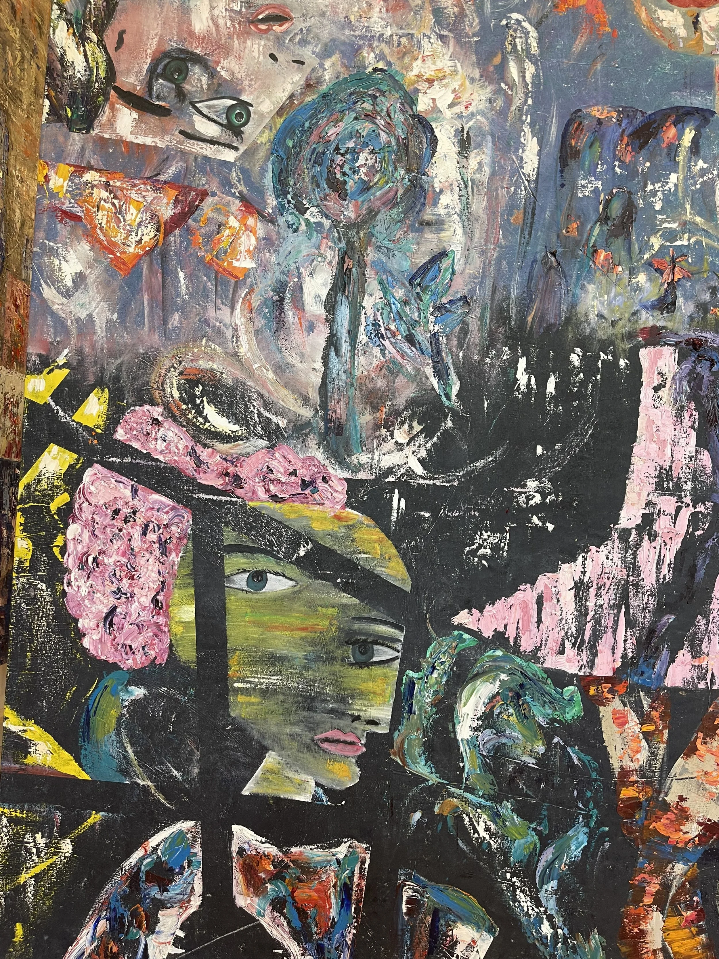 Abstract painting of two women with large eyes, one with pink flowers in her hair, in a colorful, textured style.