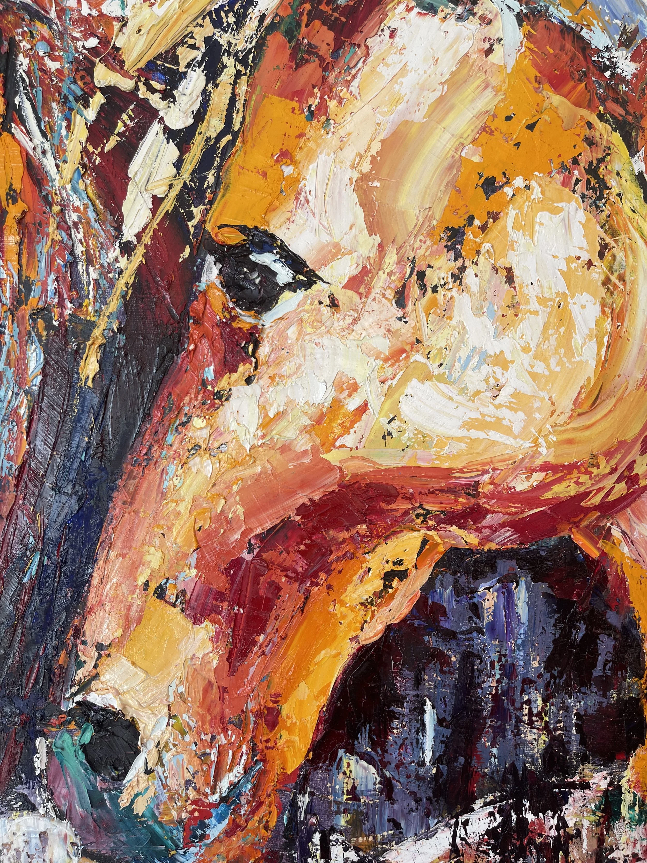 Close-up of an abstract oil painting with bold strokes of orange, red, black, white, and hints of blue and green.