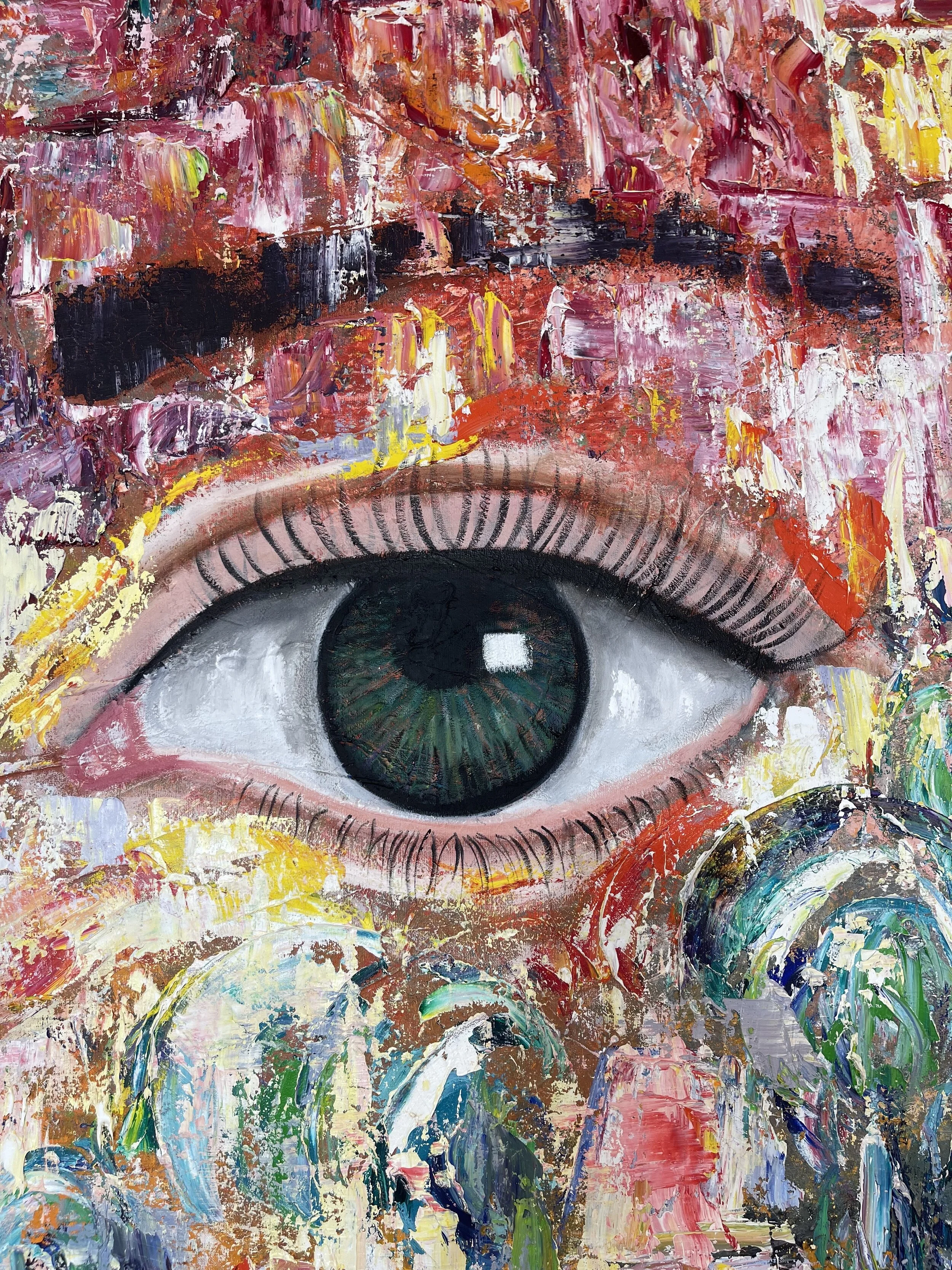 A colorful, abstract painting of a human eye with an expressive, textured background in shades of pink, red, yellow, and green.