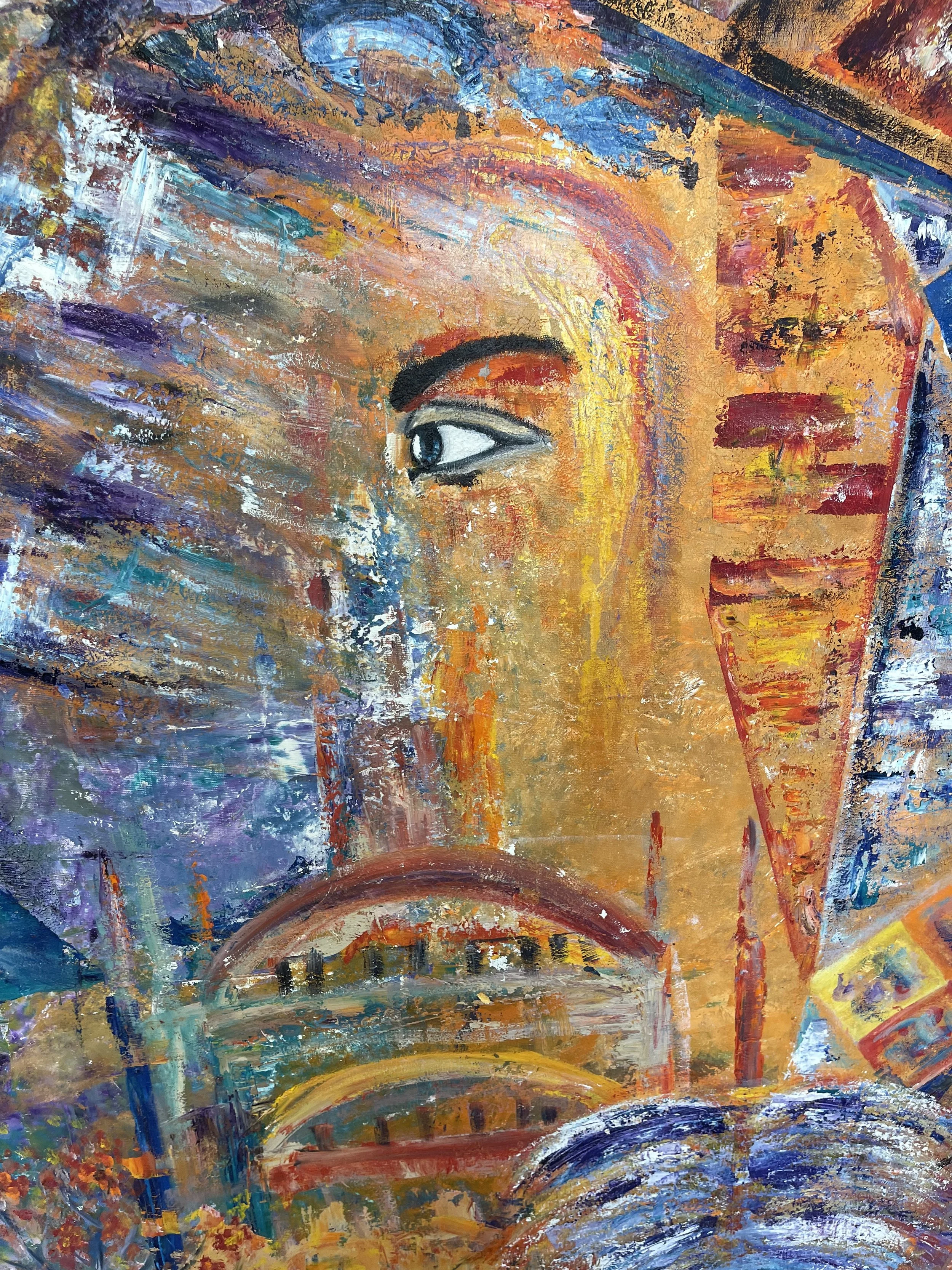 Abstract painting of a woman's face in profile, with colorful brushstrokes and a focus on her eye and hair.