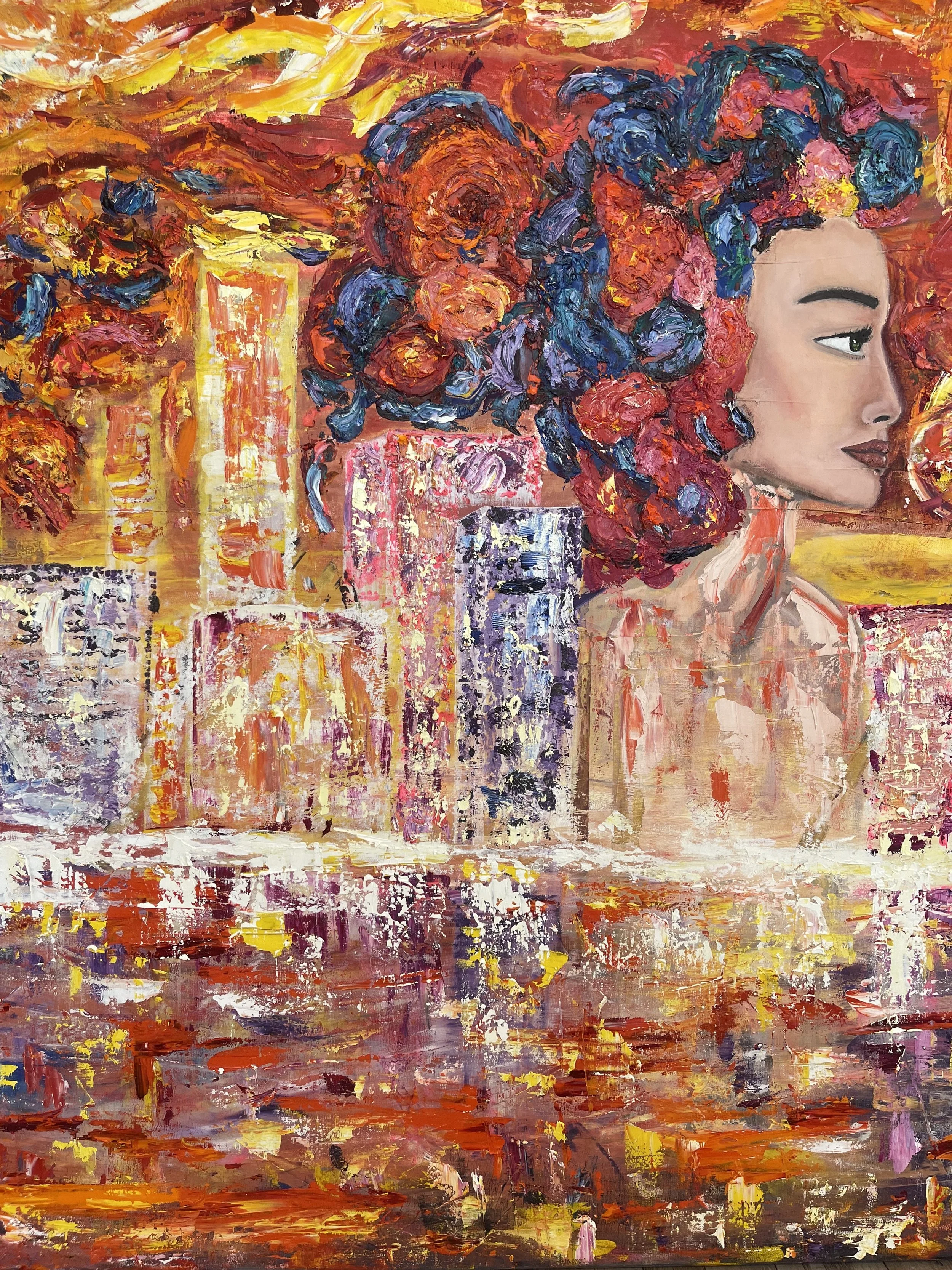 Abstract painting of a woman with colorful hair combining flowers and cityscape background, with vibrant reds, yellows, and pinks.