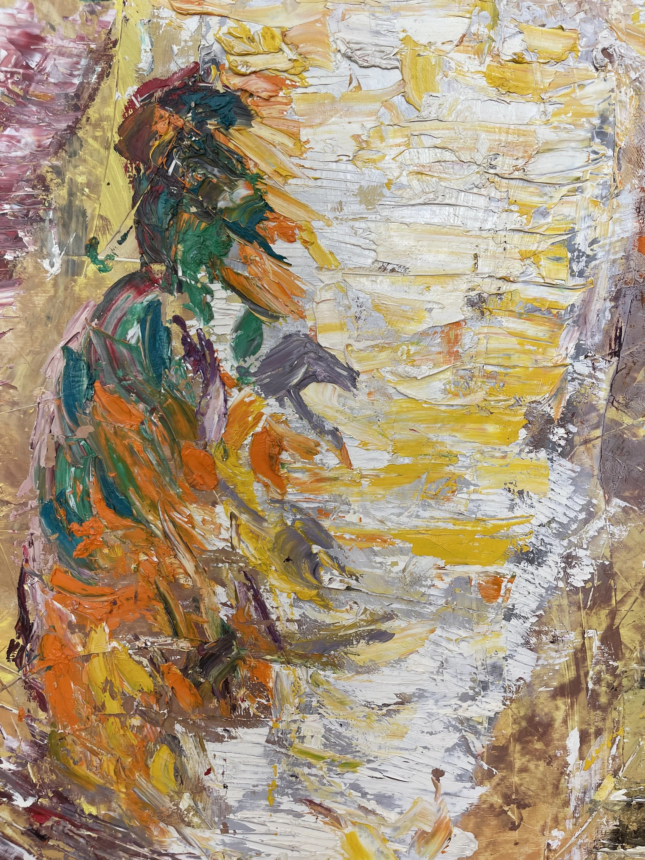 Abstract impressionist painting of leaves on a branch, with thick strokes of green, orange, yellow, purple, and white paint.