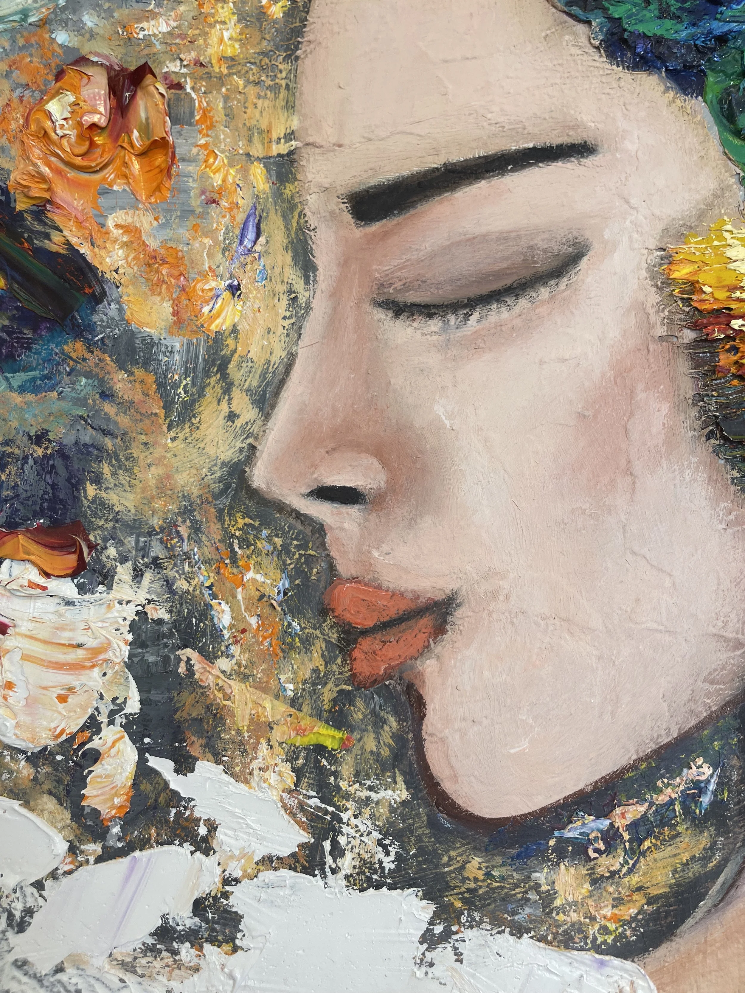 Close-up of a painted portrait of a woman with closed eyes, red lips, and dark eyebrows, surrounded by textured, colorful paint strokes.